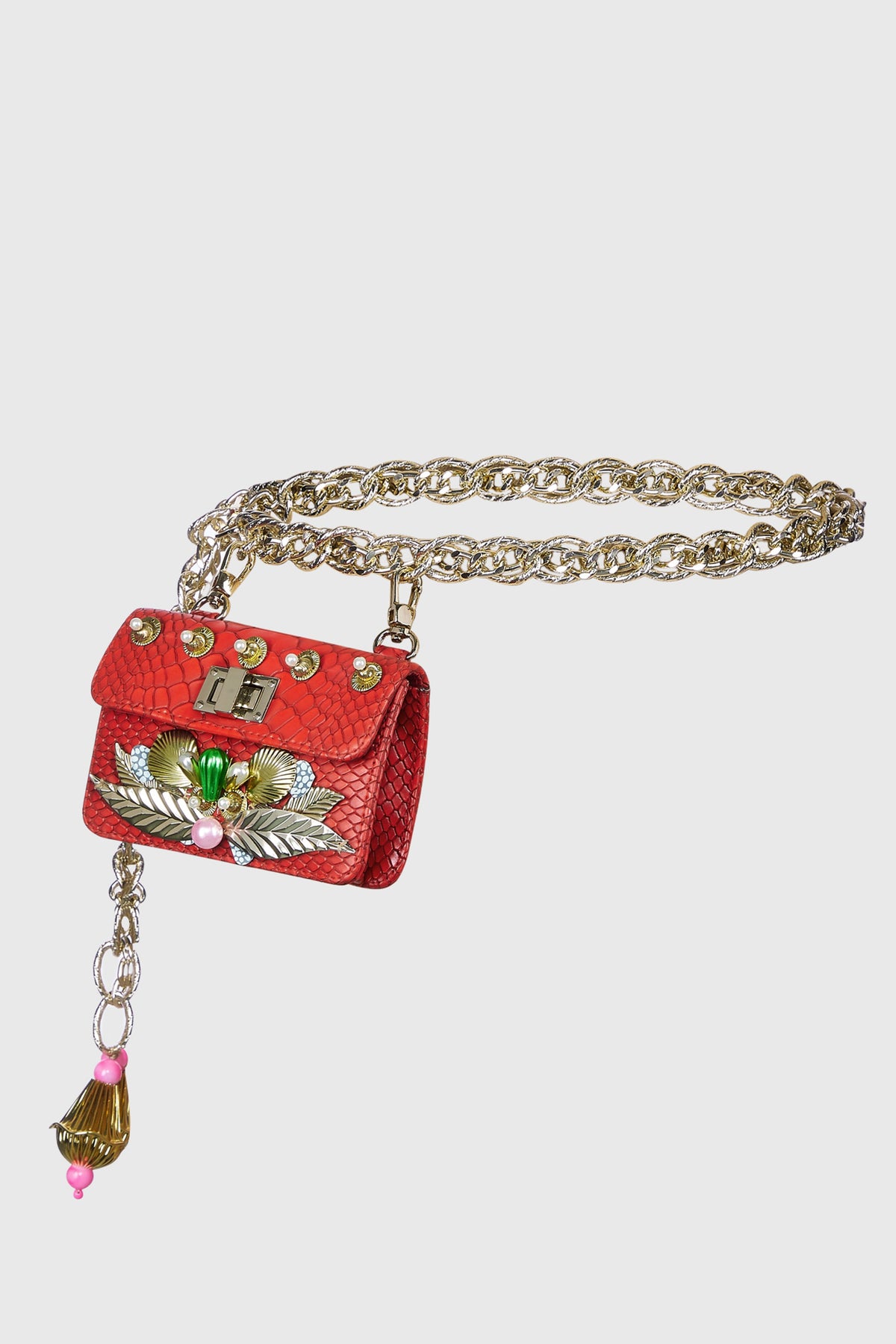 Red Chain-link Embellished Belt Bag