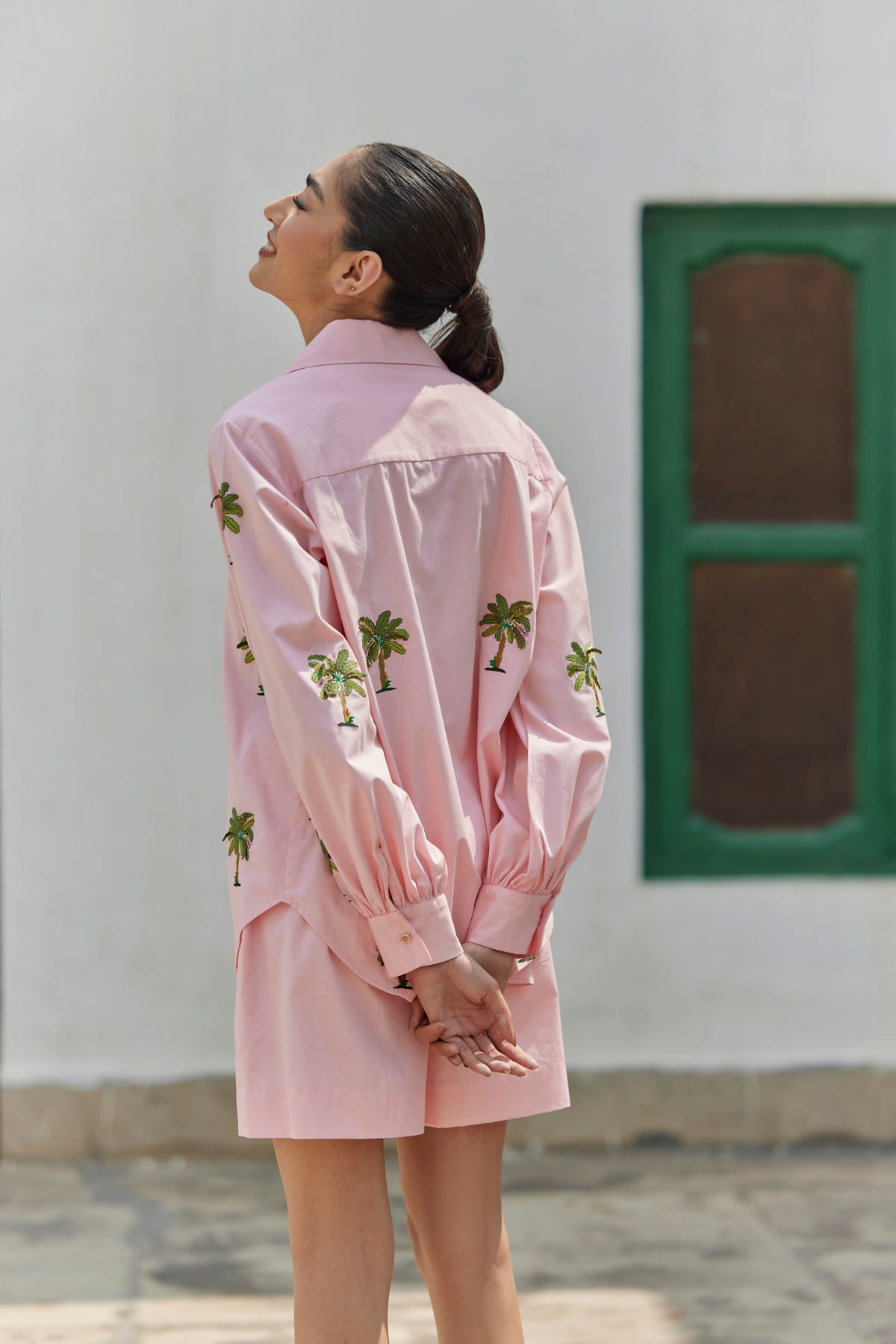 Peach Banana Tree Embroidered Shirt Set