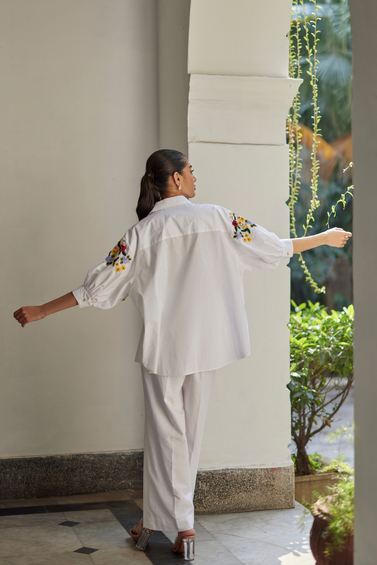 White Bouquet Floral Hand Embroidered Shirt