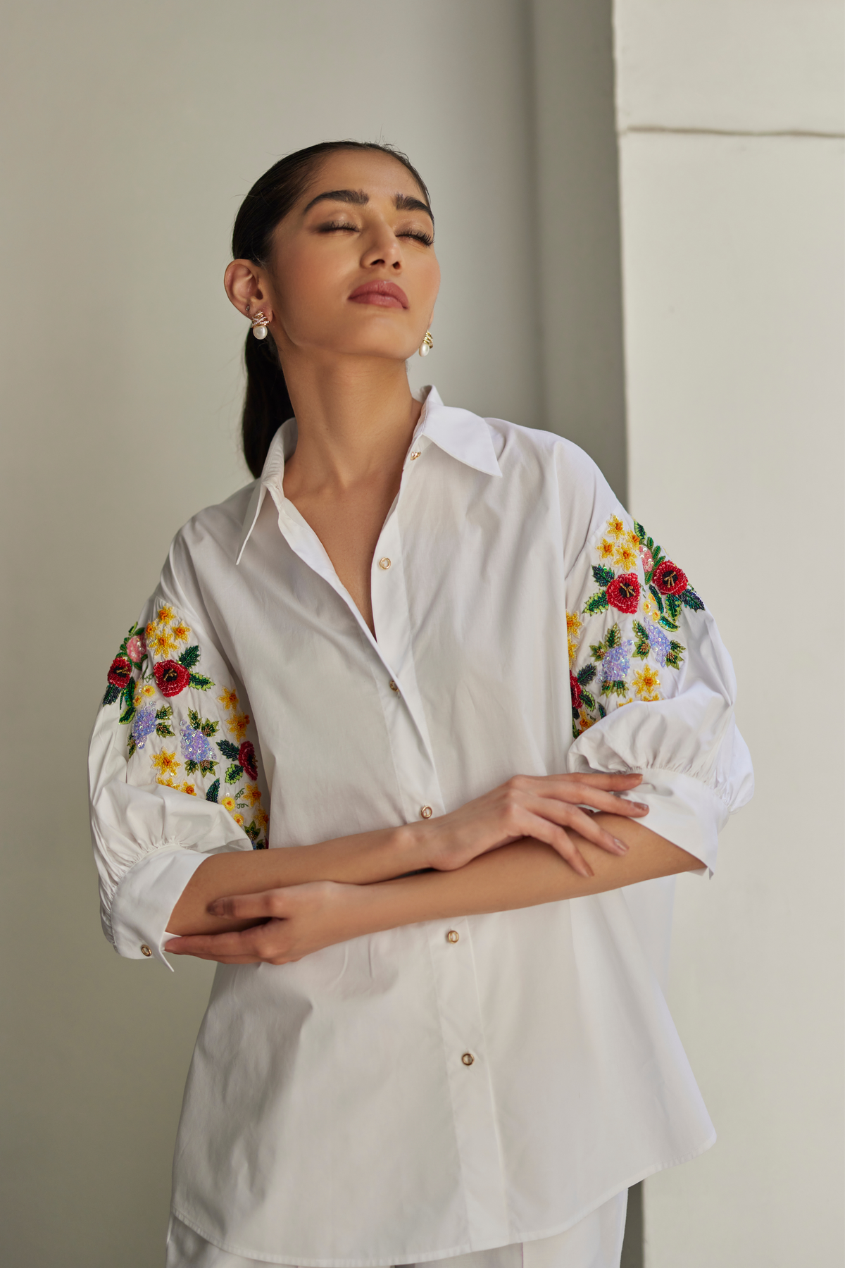 White Bouquet Floral Hand Embroidered Shirt