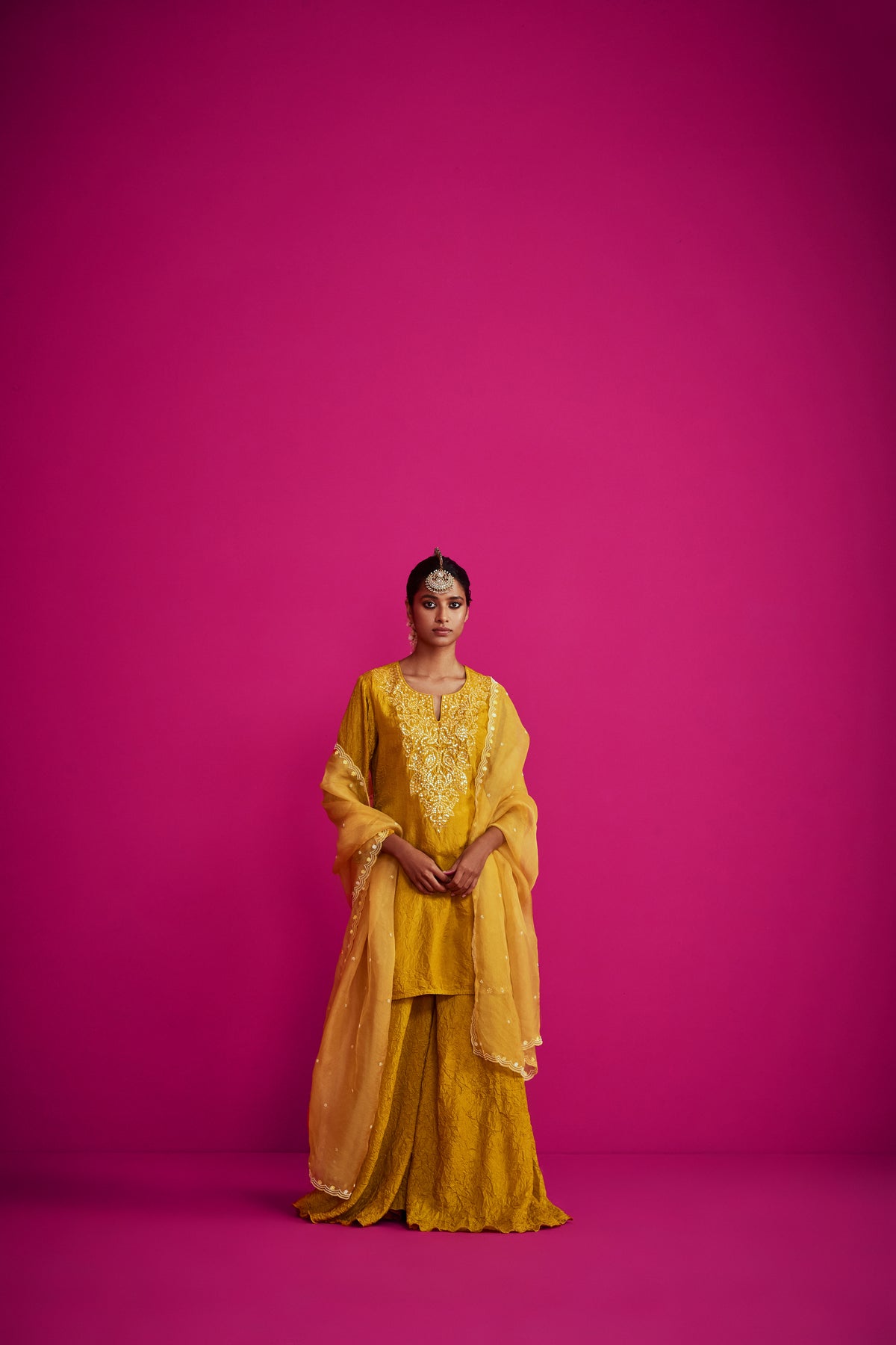 Mustard crushed kurta set