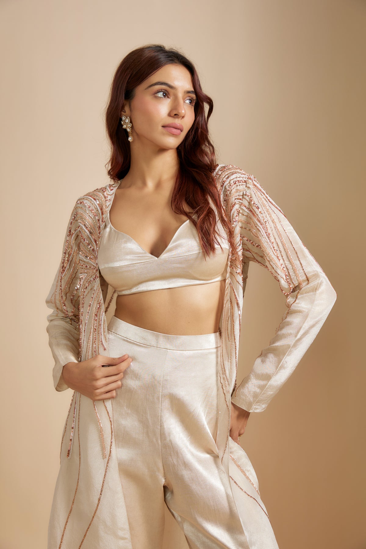 Beige Embroiderd jacket set