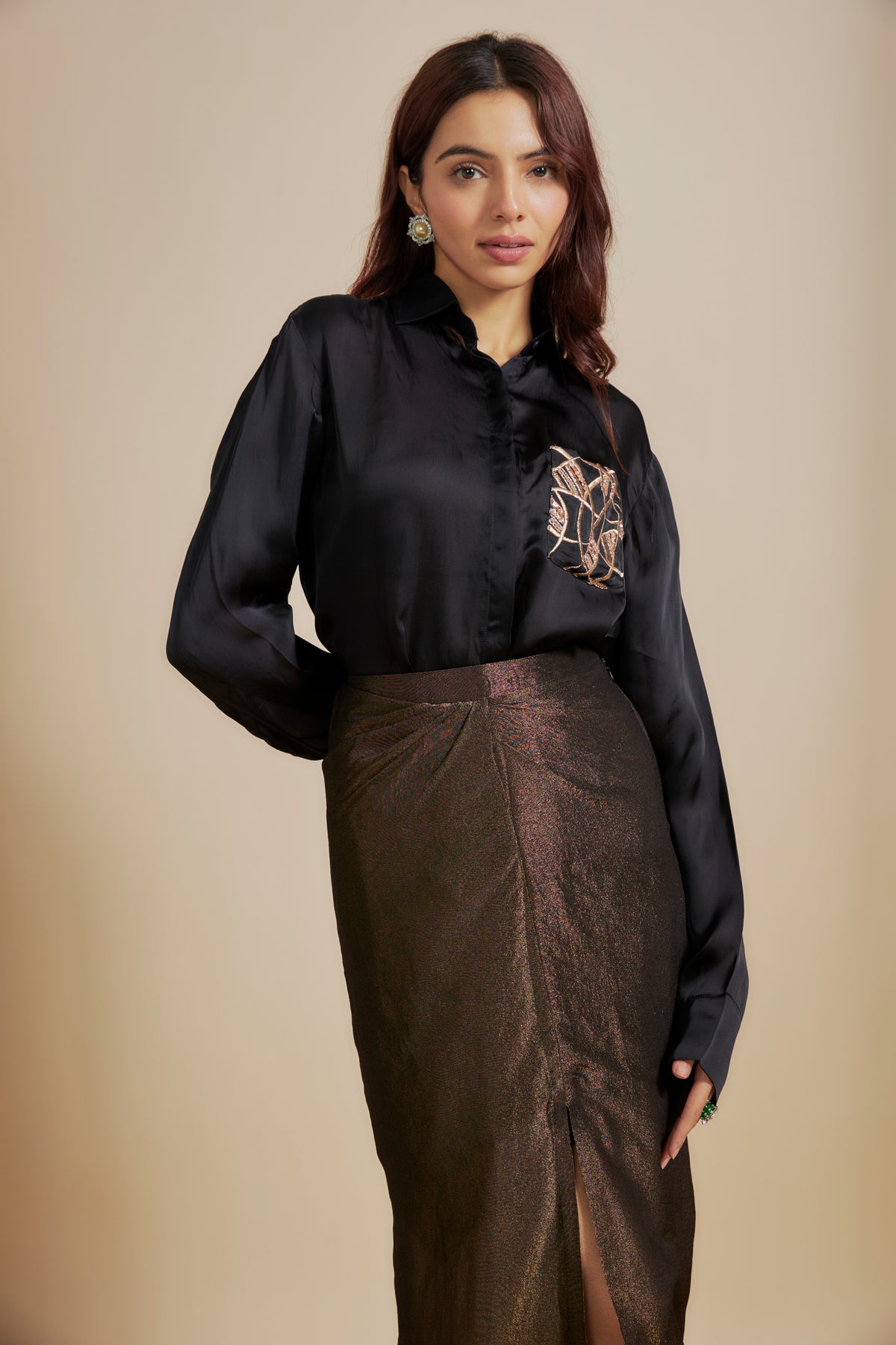 Black Embroidered Shirt With Black Skirt