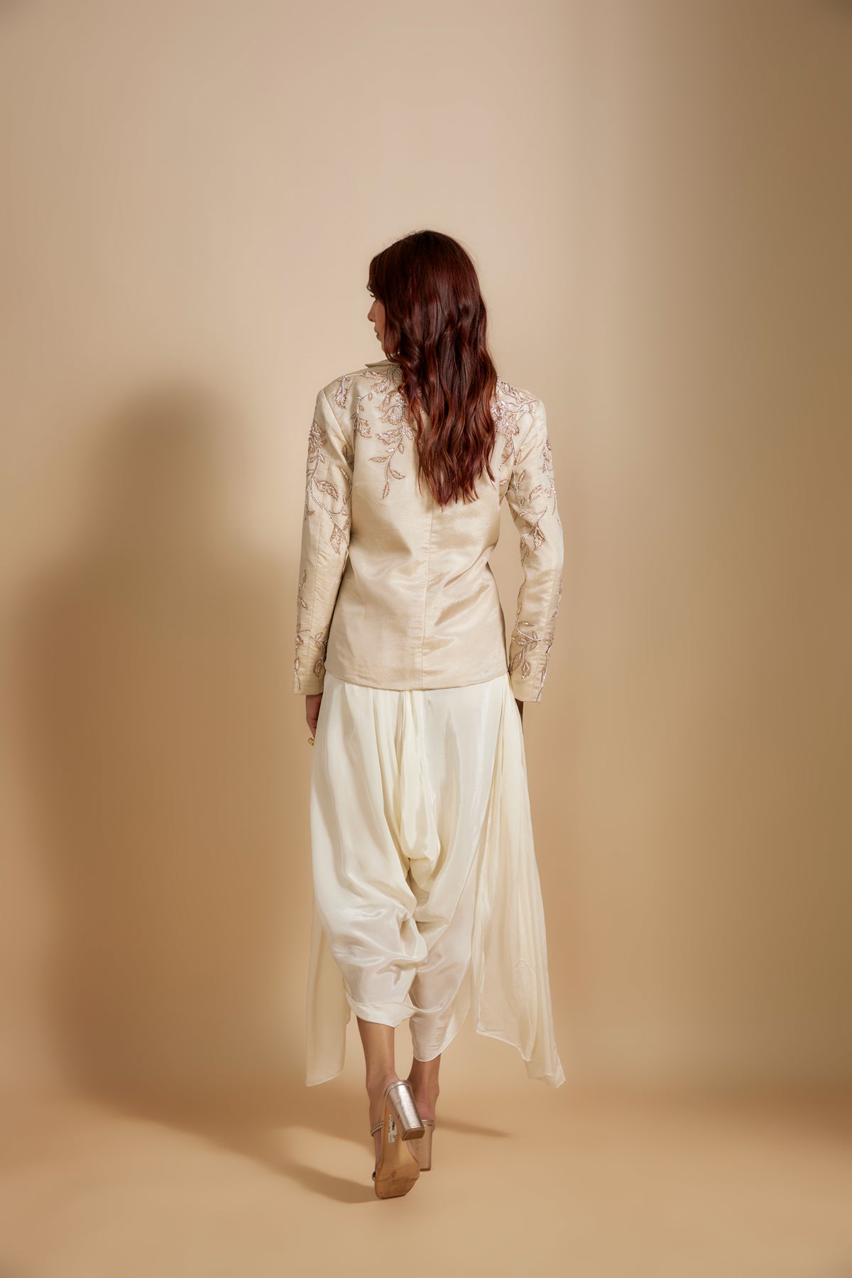 Beige Tissue Jacket With Cream Dhoti