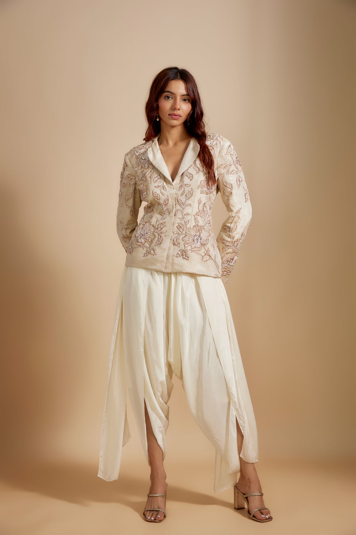 Beige Tissue Jacket With Cream Dhoti