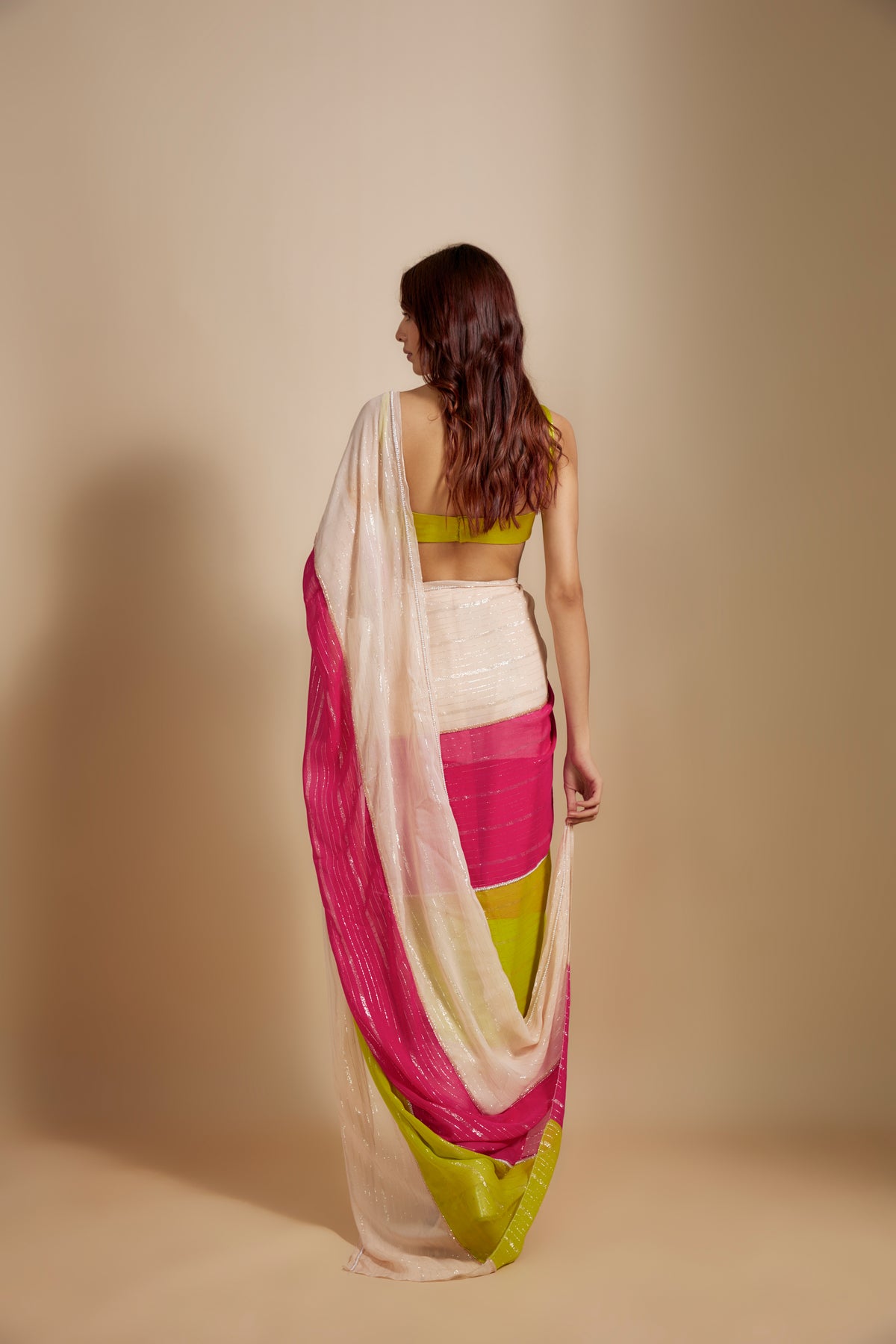 Block Saree With Neon Green Blouse