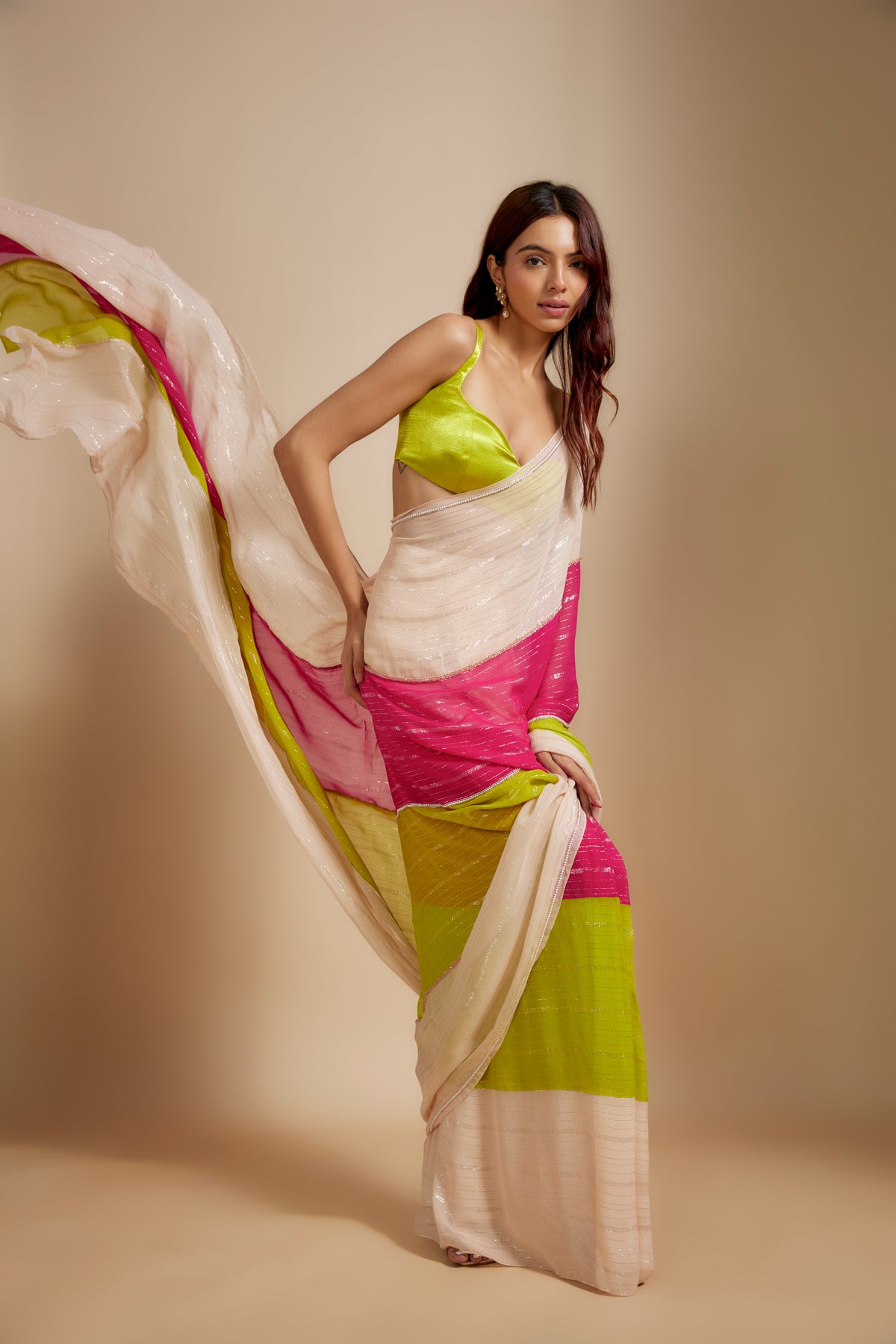 Block Saree With Neon Green Blouse