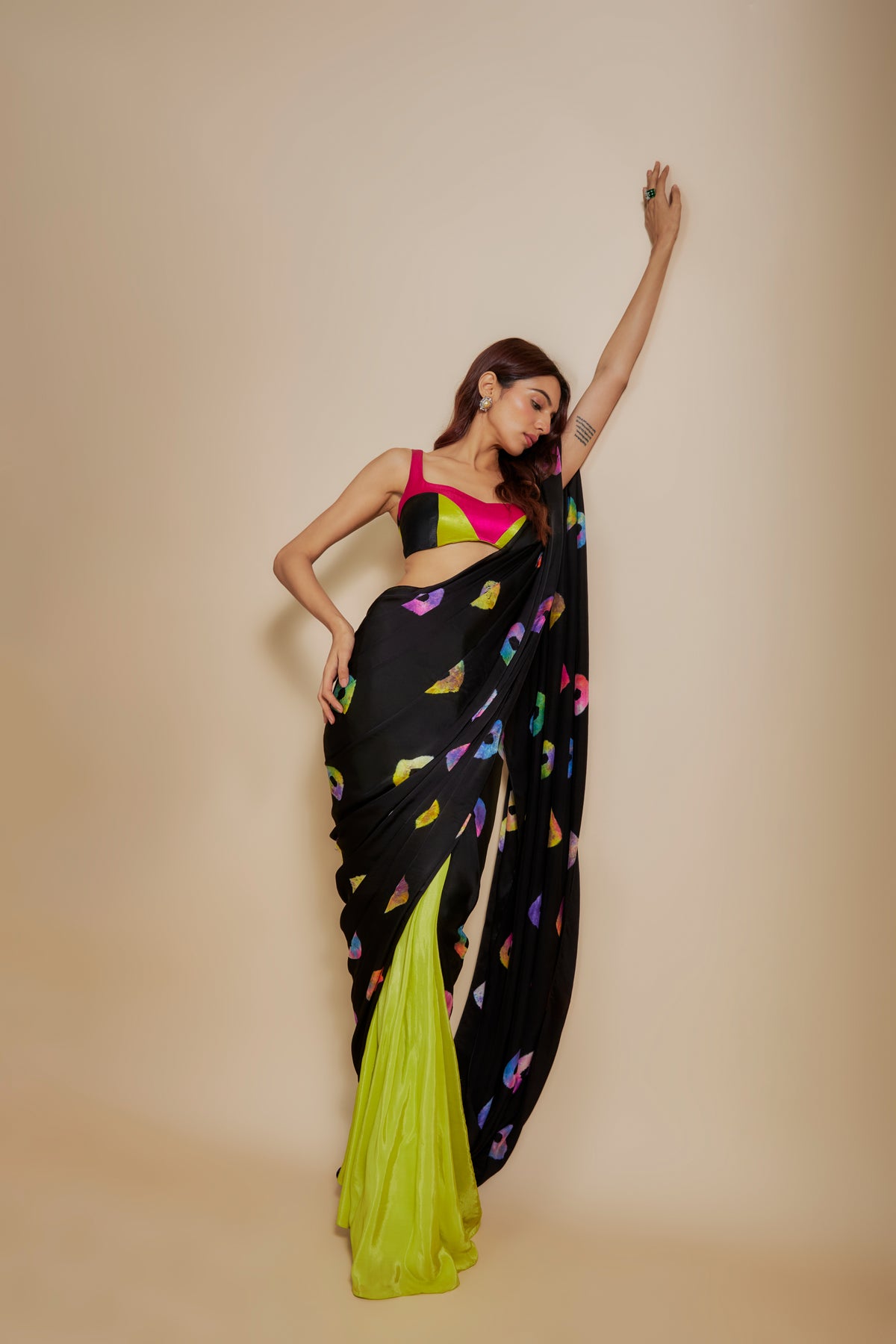 Black  Shibori Saree With Multi-Colour Blouse