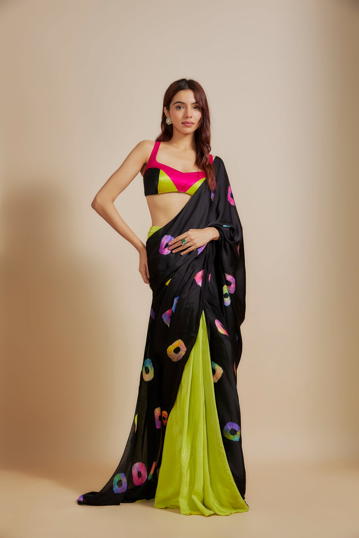 Black  Shibori Saree With Multi-Colour Blouse