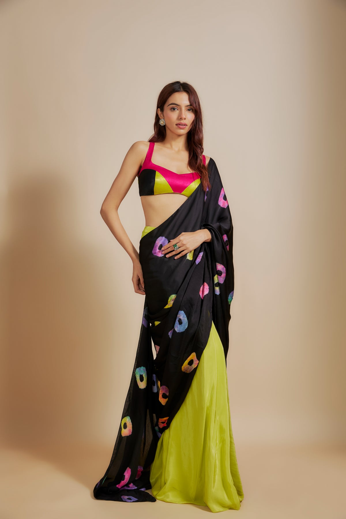 Black  Shibori Saree With Multi-Colour Blouse