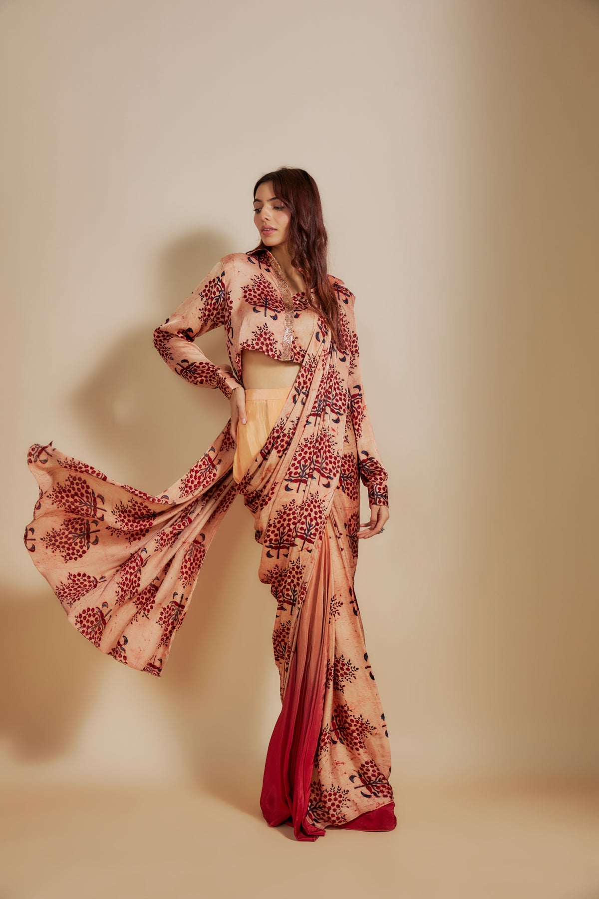 Peach Ajrakh Printed Shirt With Saree