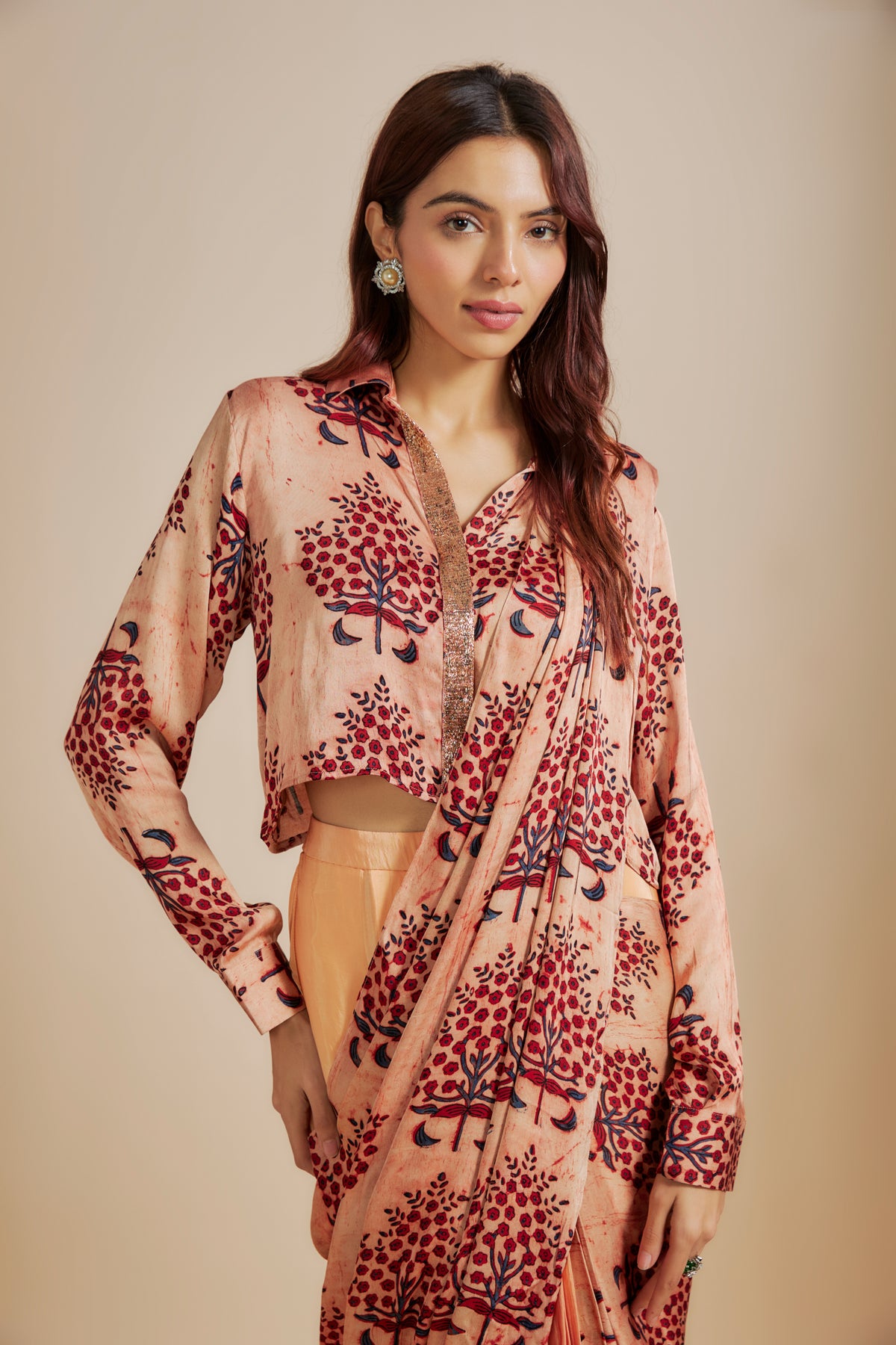 Peach Ajrakh Printed Shirt With Saree