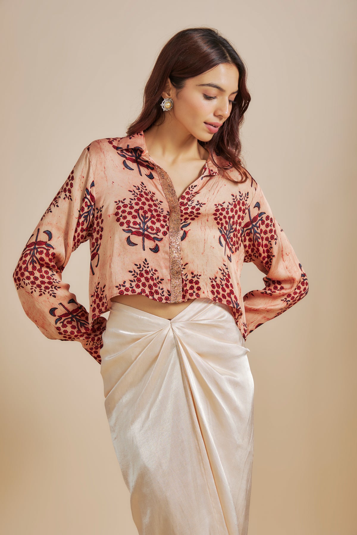 Peach Printed  Shirt With Cream Skirt