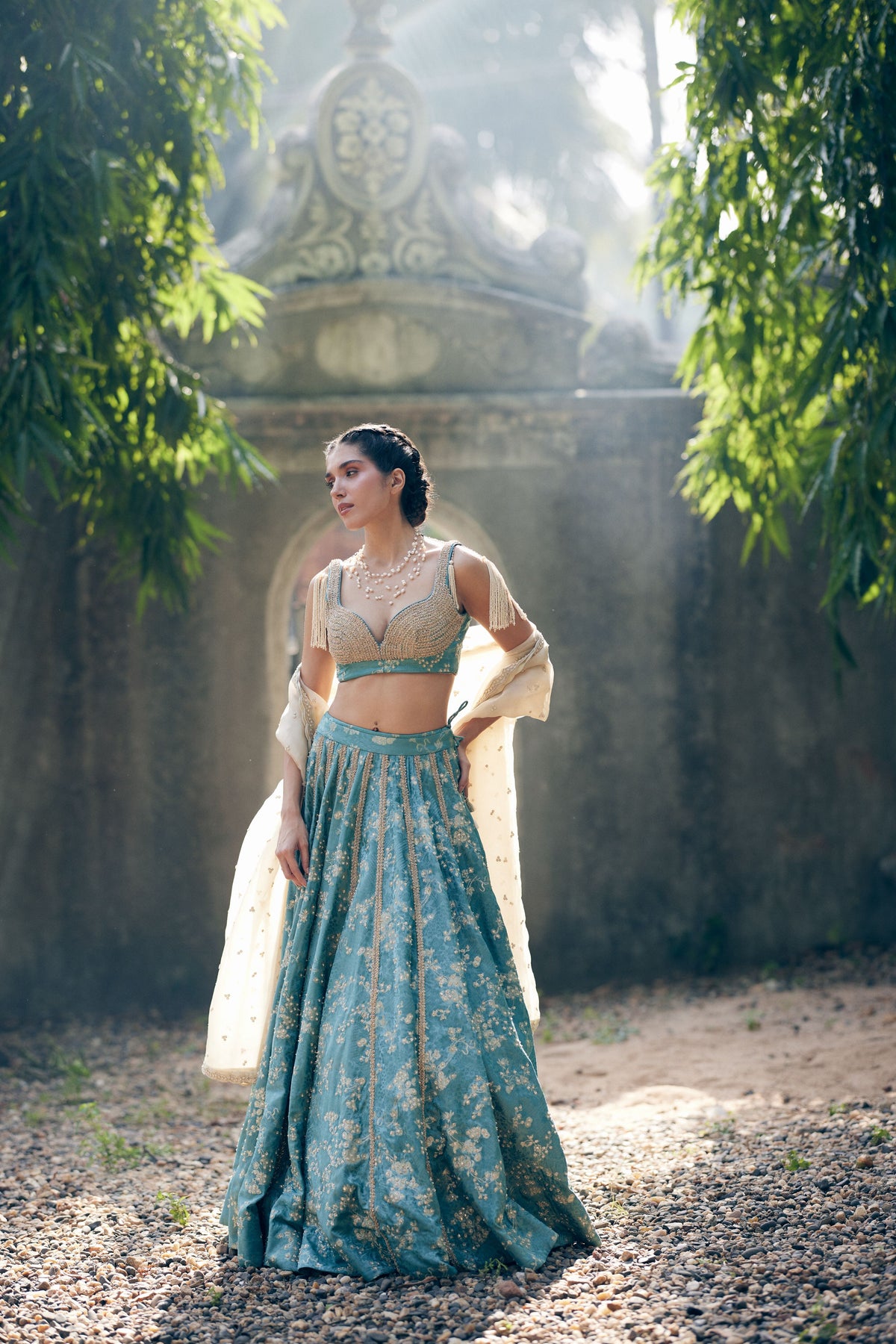 Ice Blue Self Woven Jacquard Lehenga Set