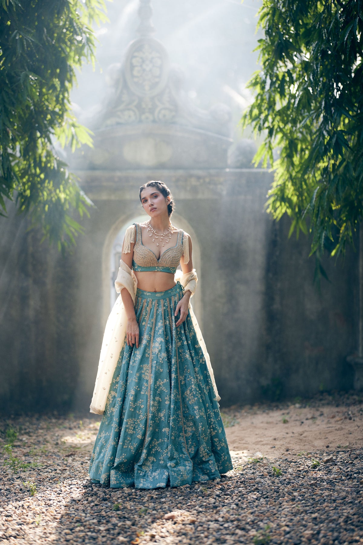 Ice Blue Self Woven Jacquard Lehenga Set