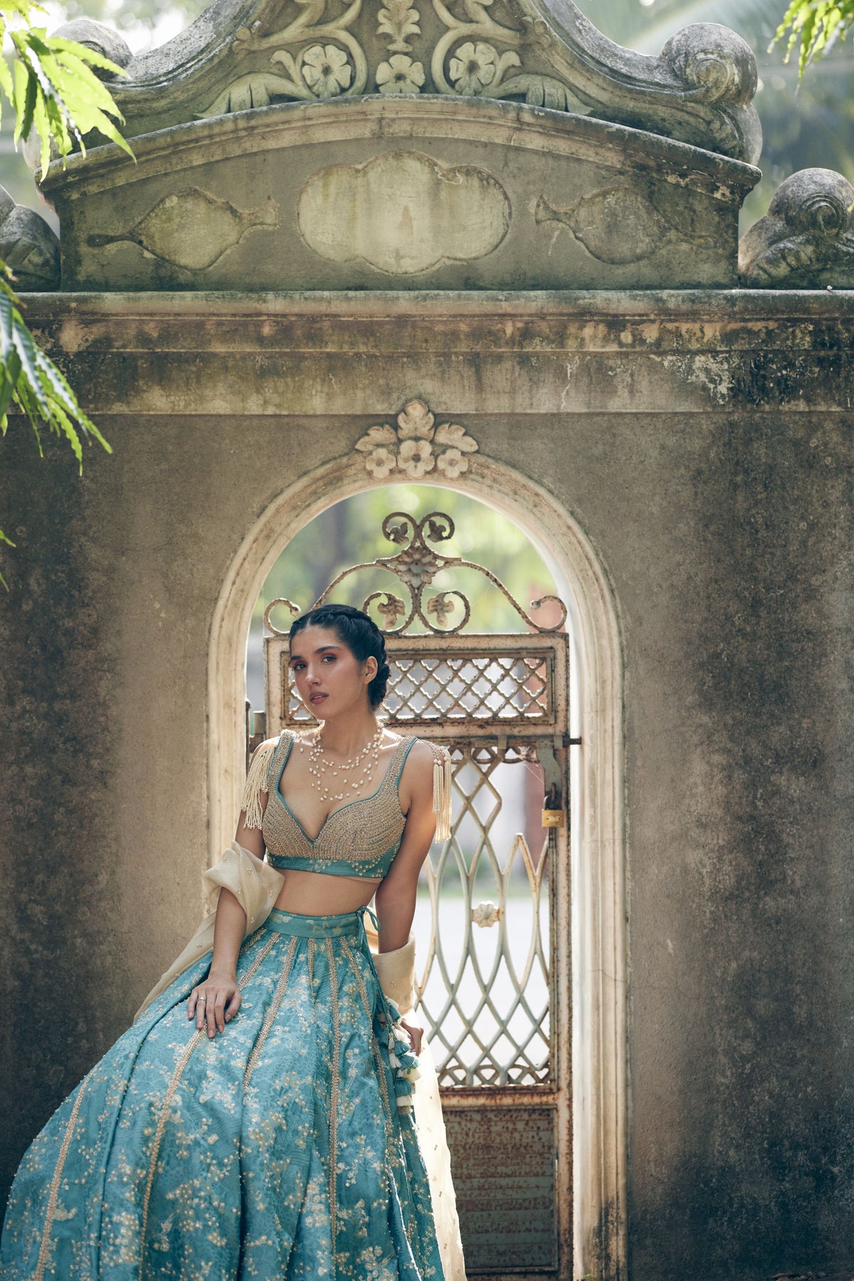 Ice Blue Self Woven Jacquard Lehenga Set