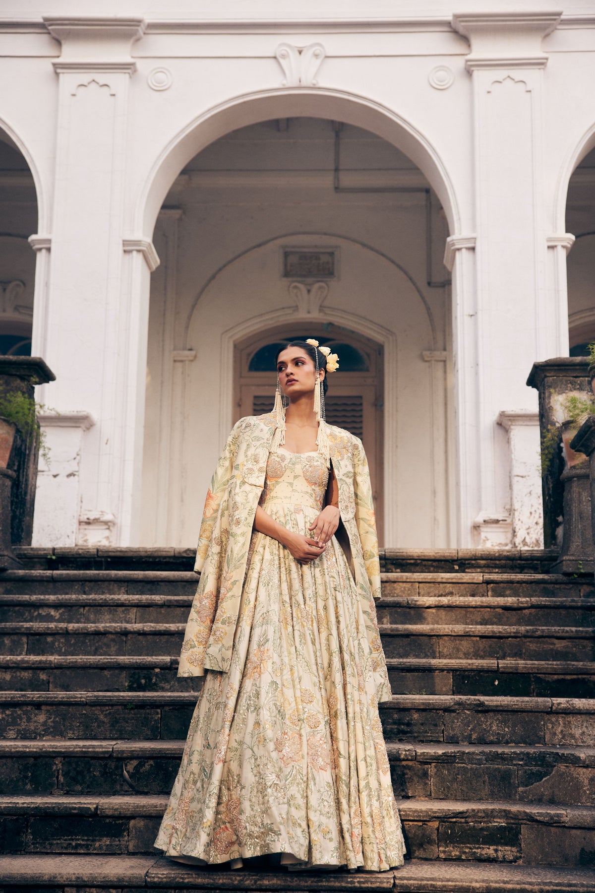 Ivory Orange Floral Corset Anarkali With Long Jacket