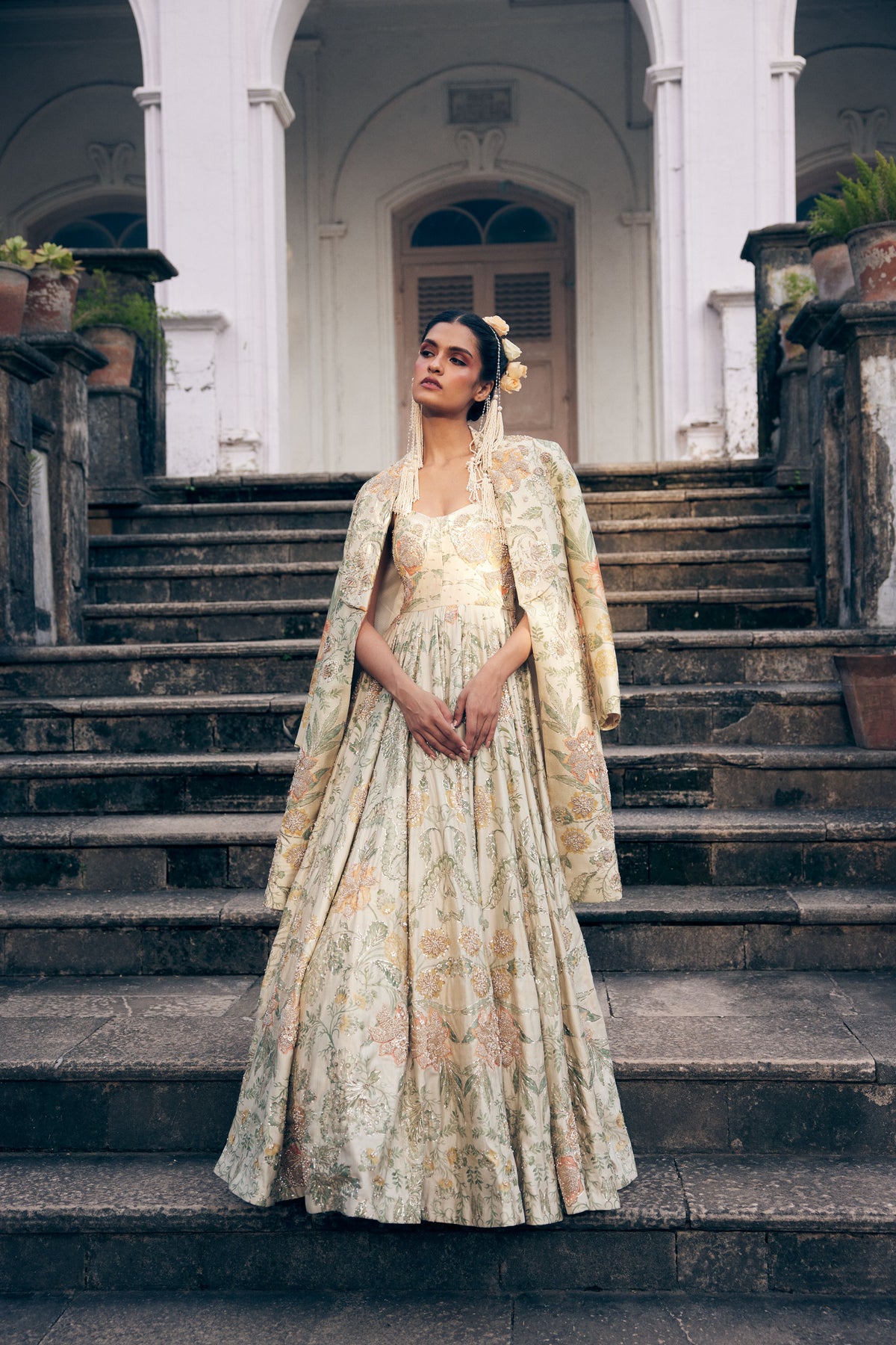 Ivory Orange Floral Corset Anarkali With Long Jacket