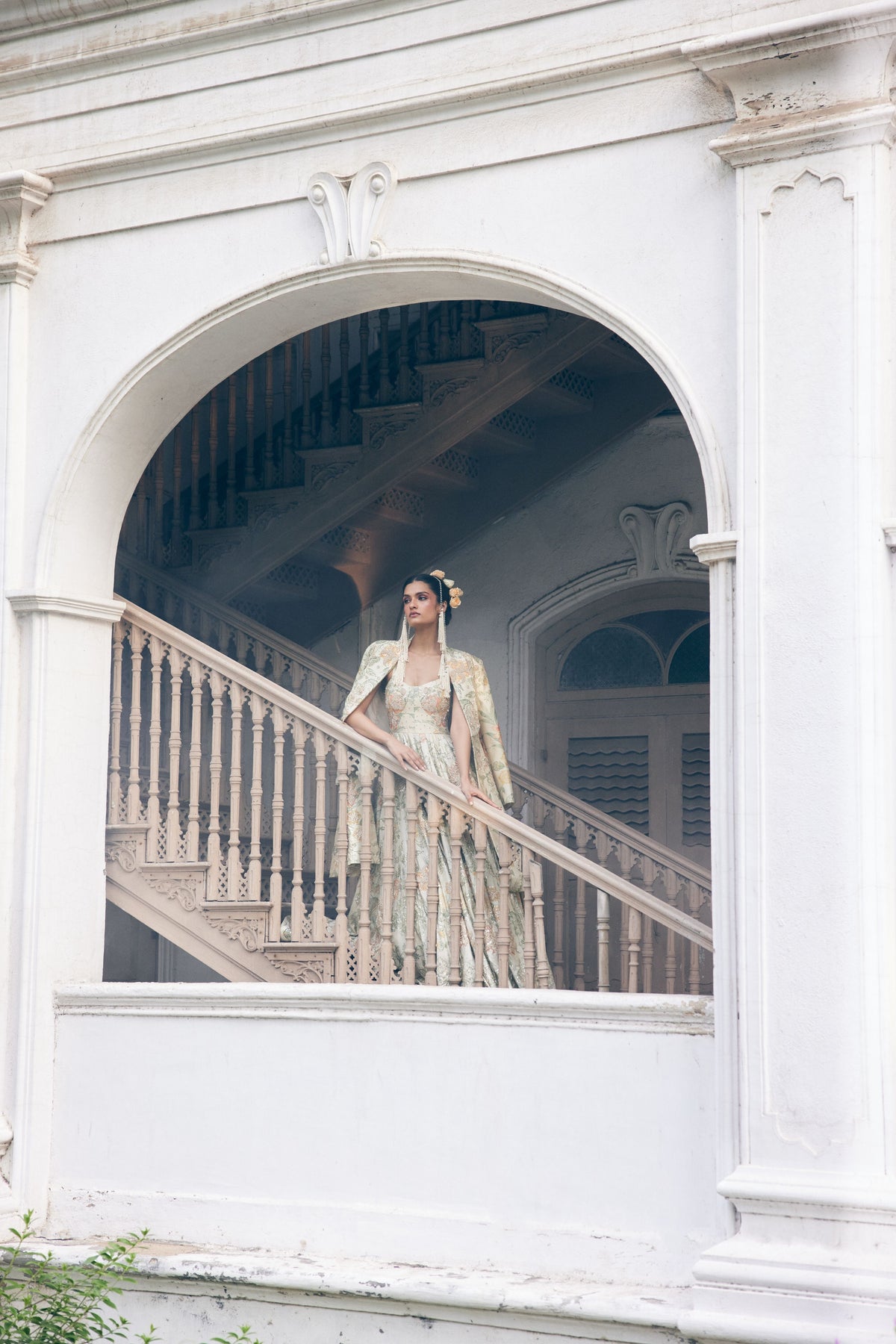 Ivory Orange Floral Corset Anarkali With Long Jacket