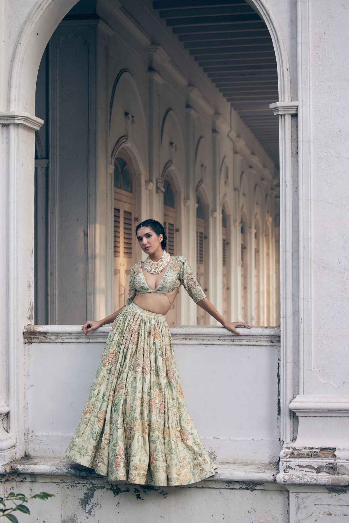 Ivory Orange Floral Printed  Elbow Sleeve Lehenga Set