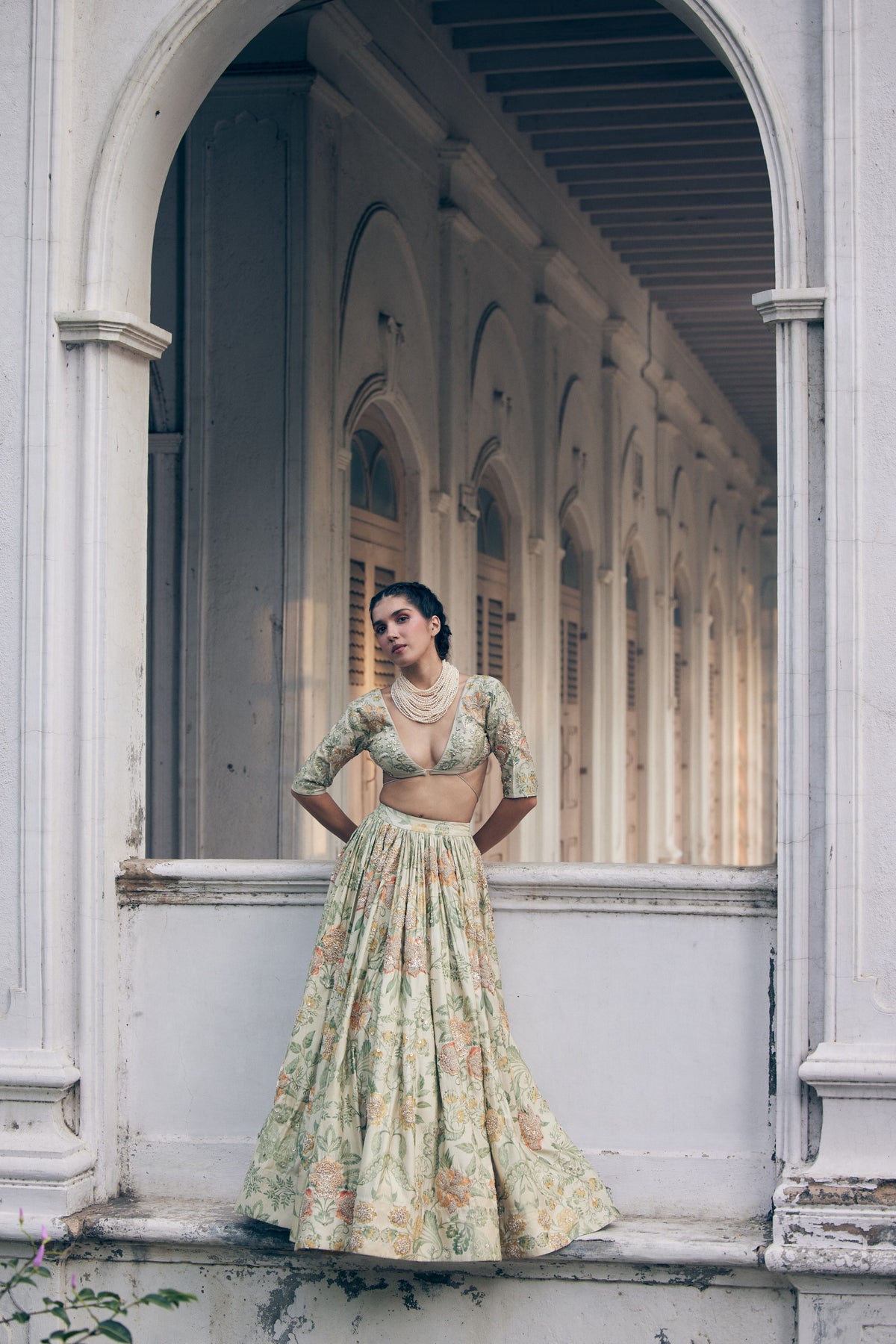 Ivory Orange Floral Printed  Elbow Sleeve Lehenga Set