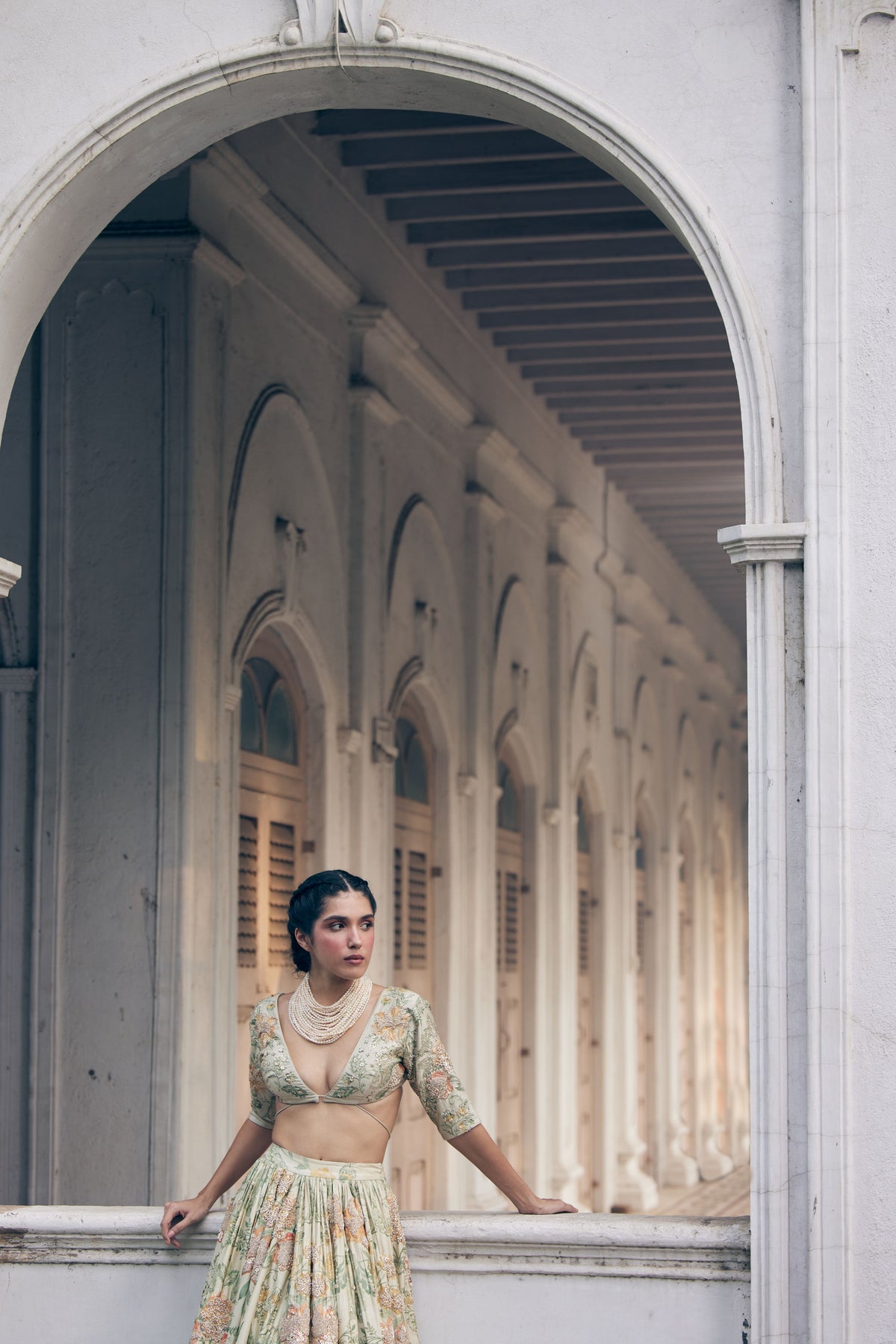 Ivory Orange Floral Printed  Elbow Sleeve Lehenga Set