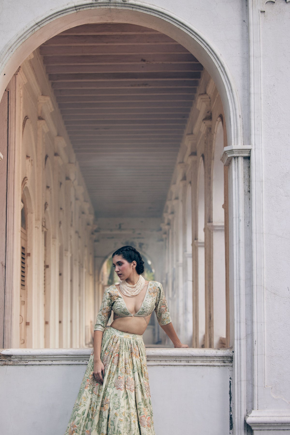 Ivory Orange Floral Printed  Elbow Sleeve Lehenga Set