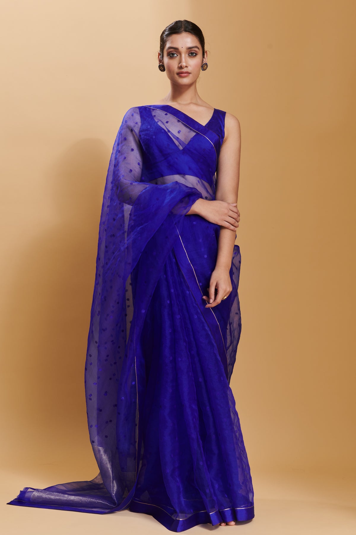 Blue Wildflower Meadow Jamdani Dots Silk Saree