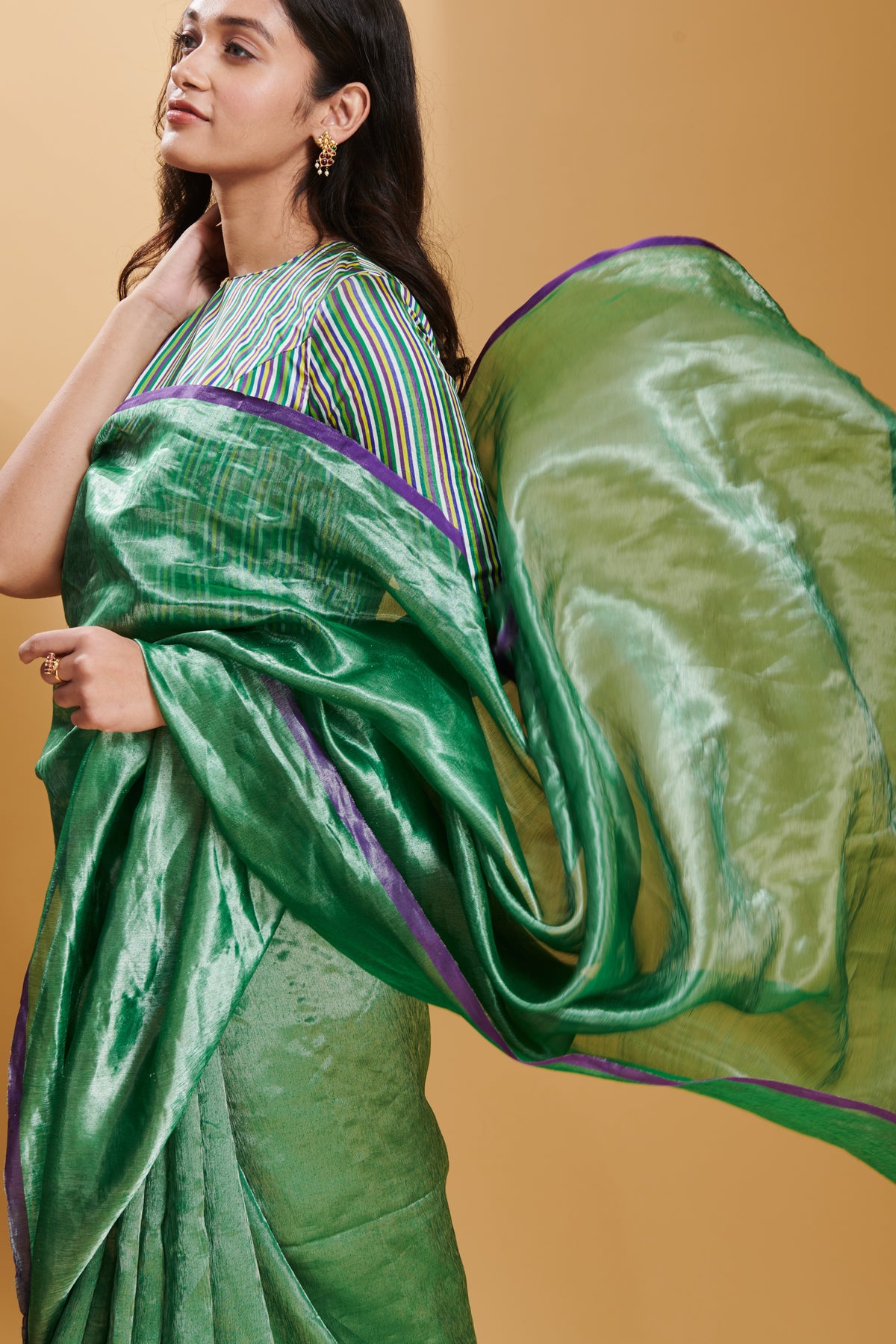 Green Dancing Moonlight Metallic Mulberry Silk Saree