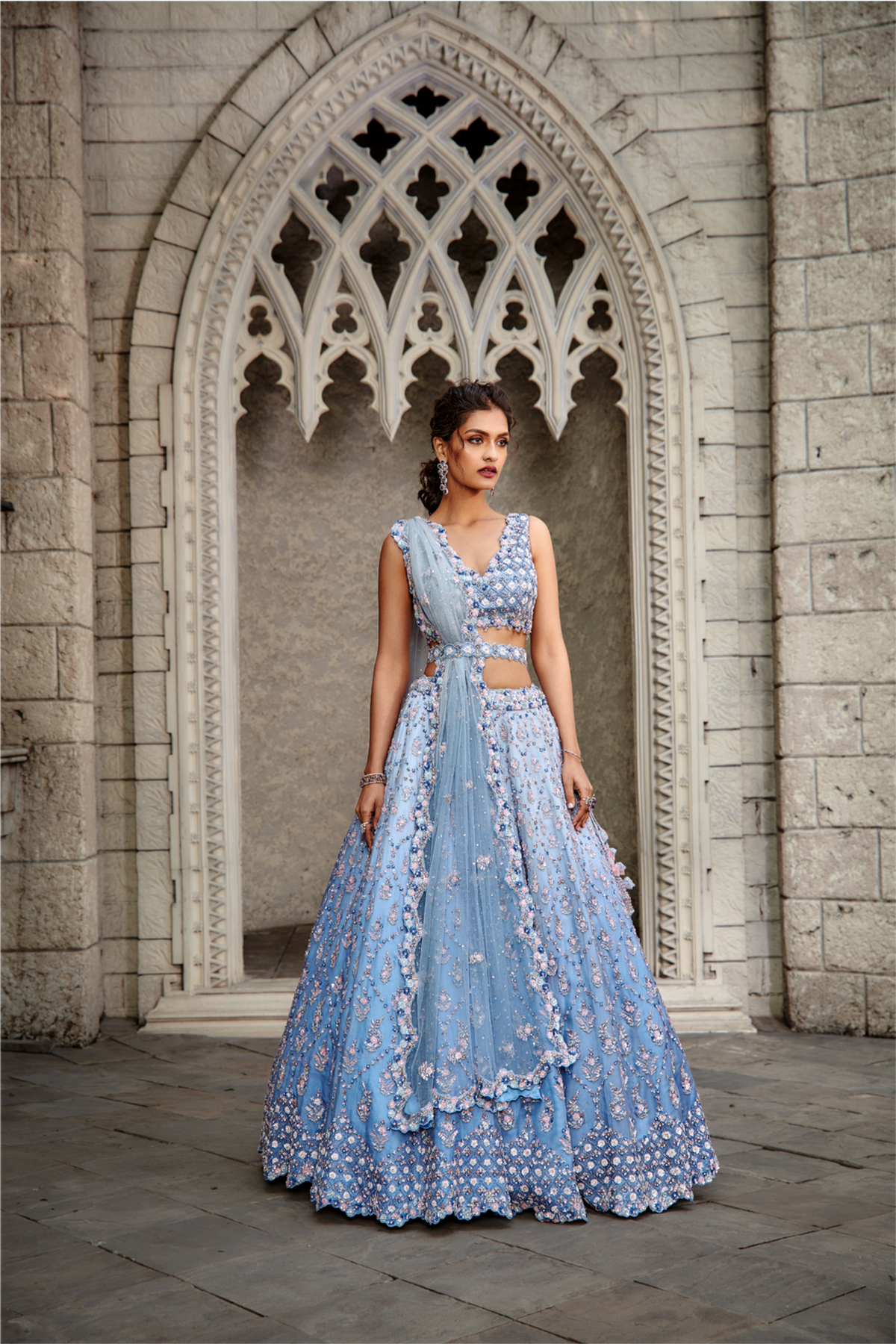 Blue Ombrey Organza Lehenga Set