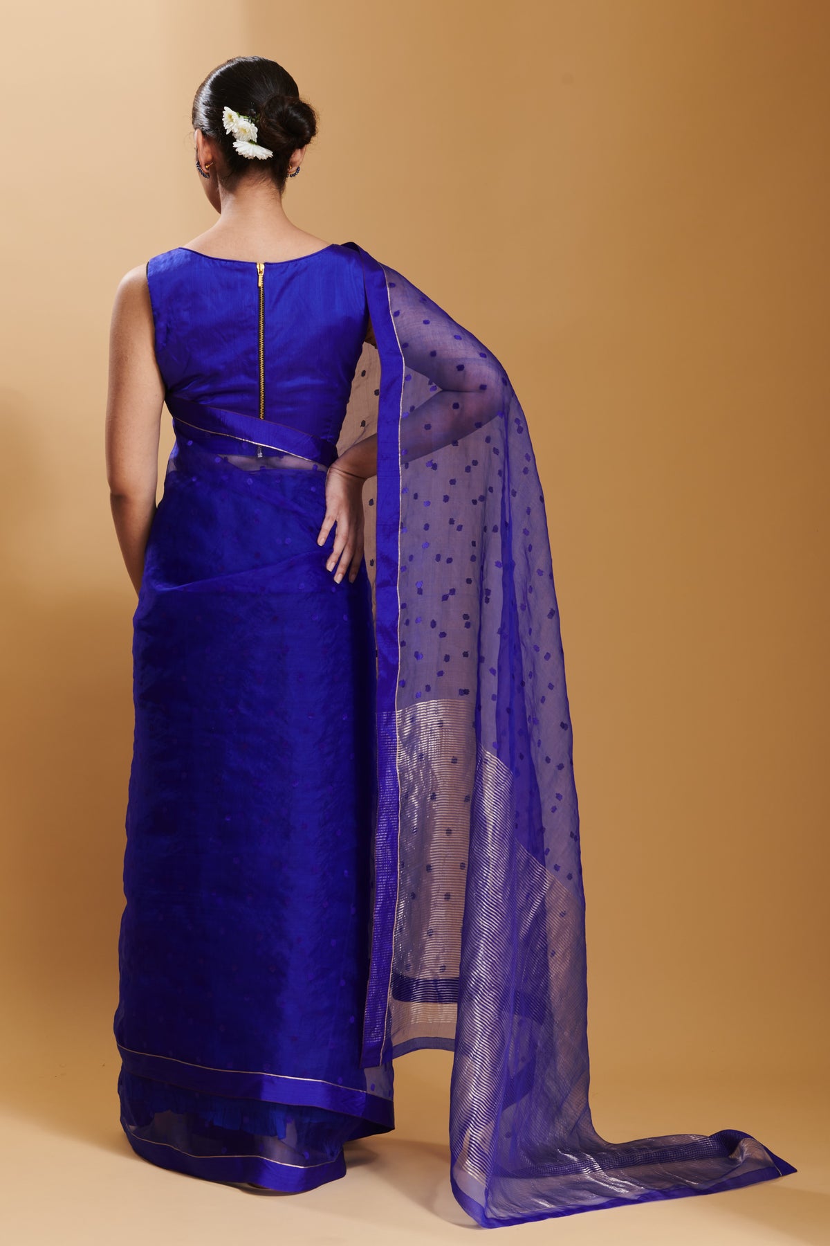 Blue Wildflower Meadow Jamdani Dots Silk Saree