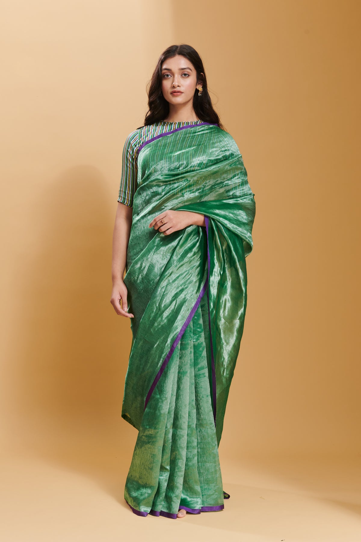 Green Dancing Moonlight Metallic Mulberry Silk Saree