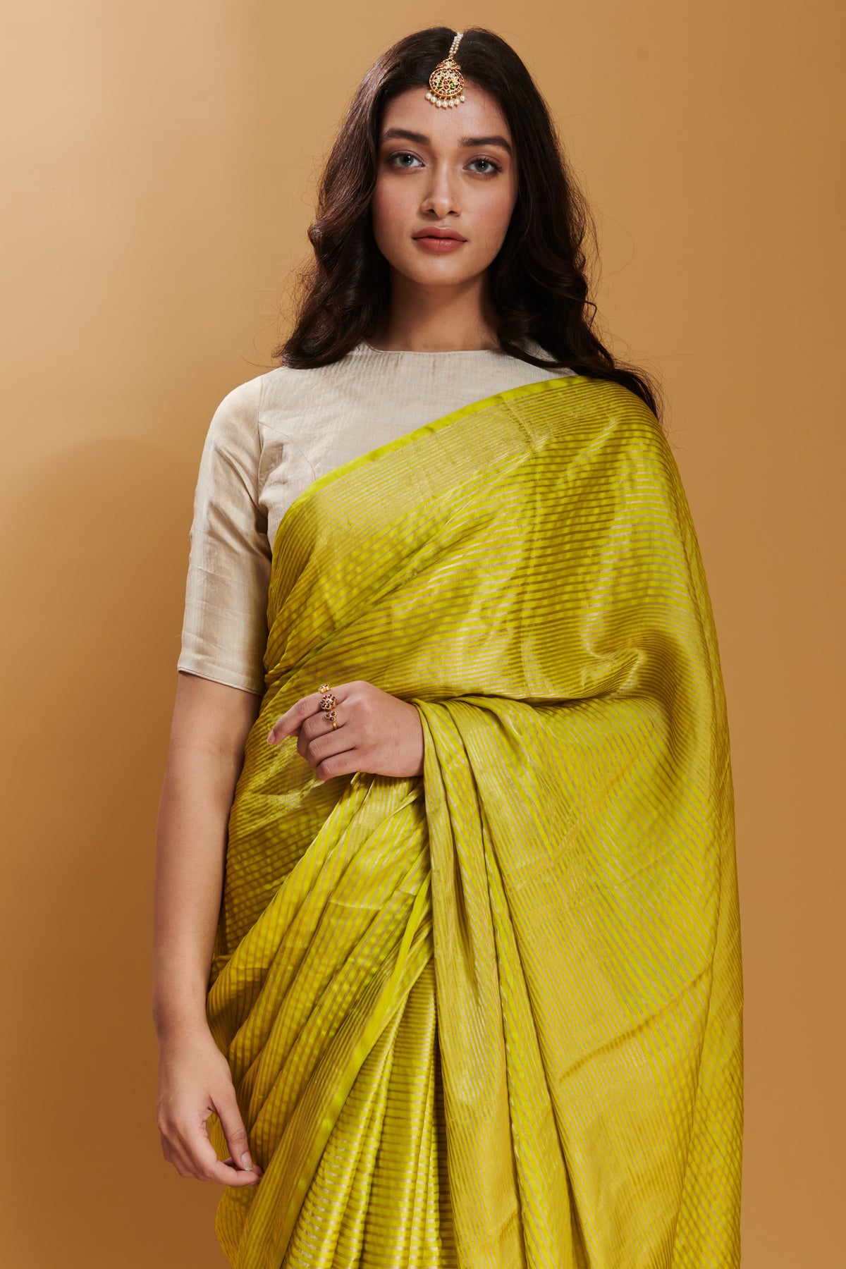 Yellow Silken Ripples Silk Satin Saree