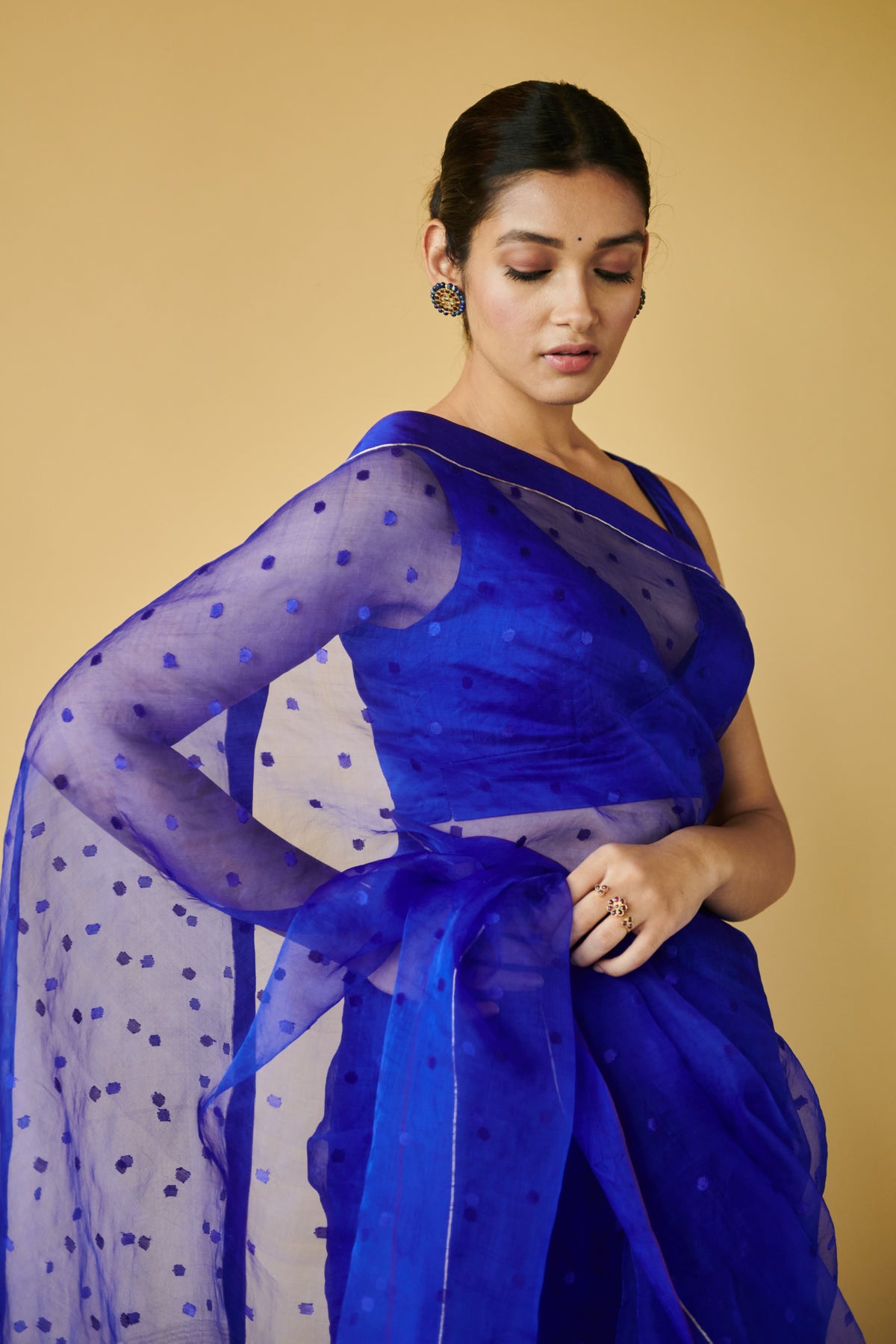 Blue Wildflower Meadow Jamdani Dots Silk Saree