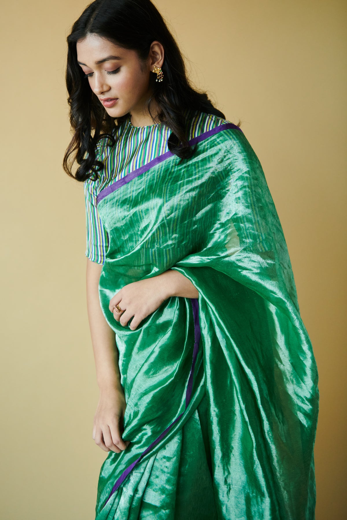 Green Dancing Moonlight Metallic Mulberry Silk Saree