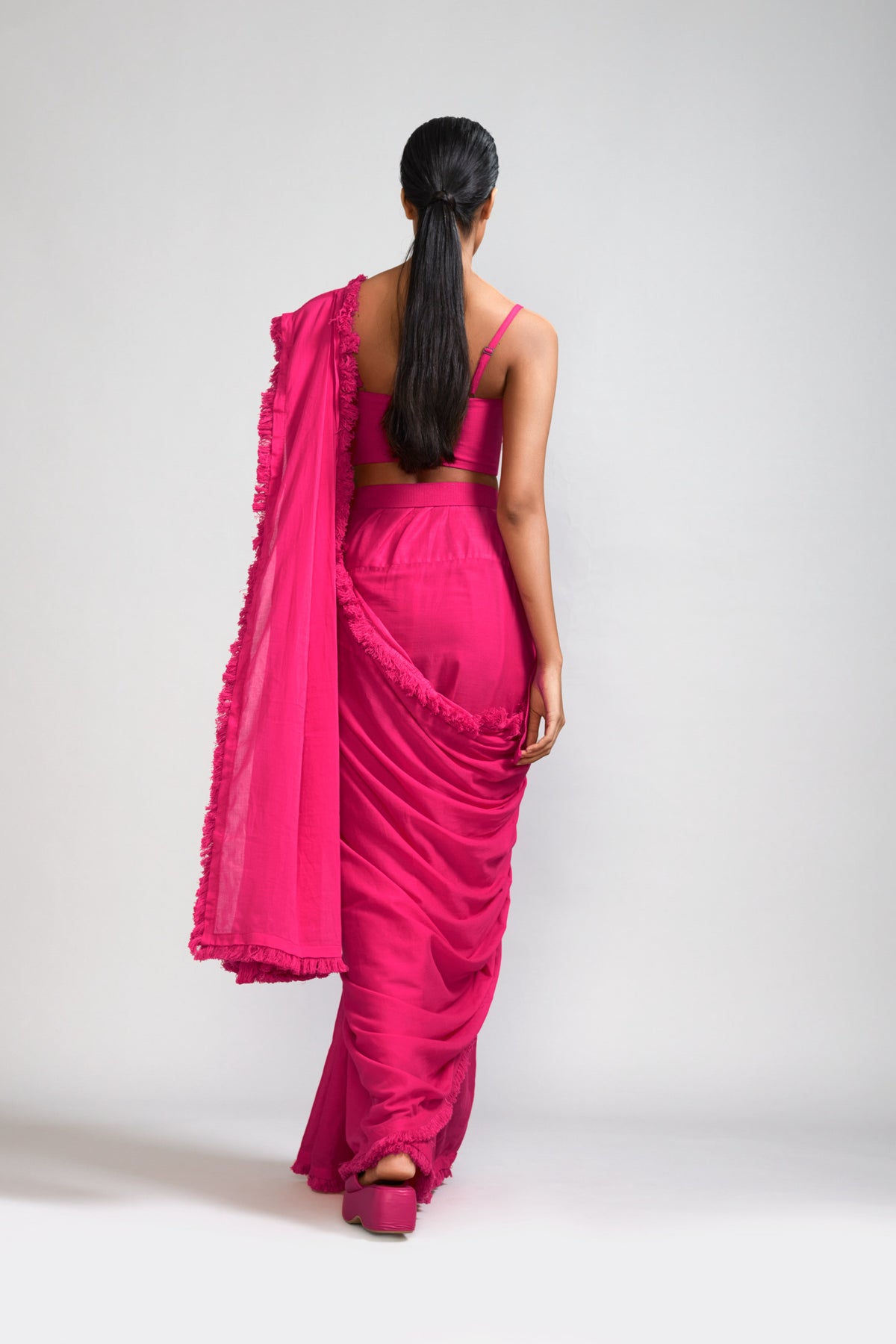 Pink Fringed Saree corset jacket Set