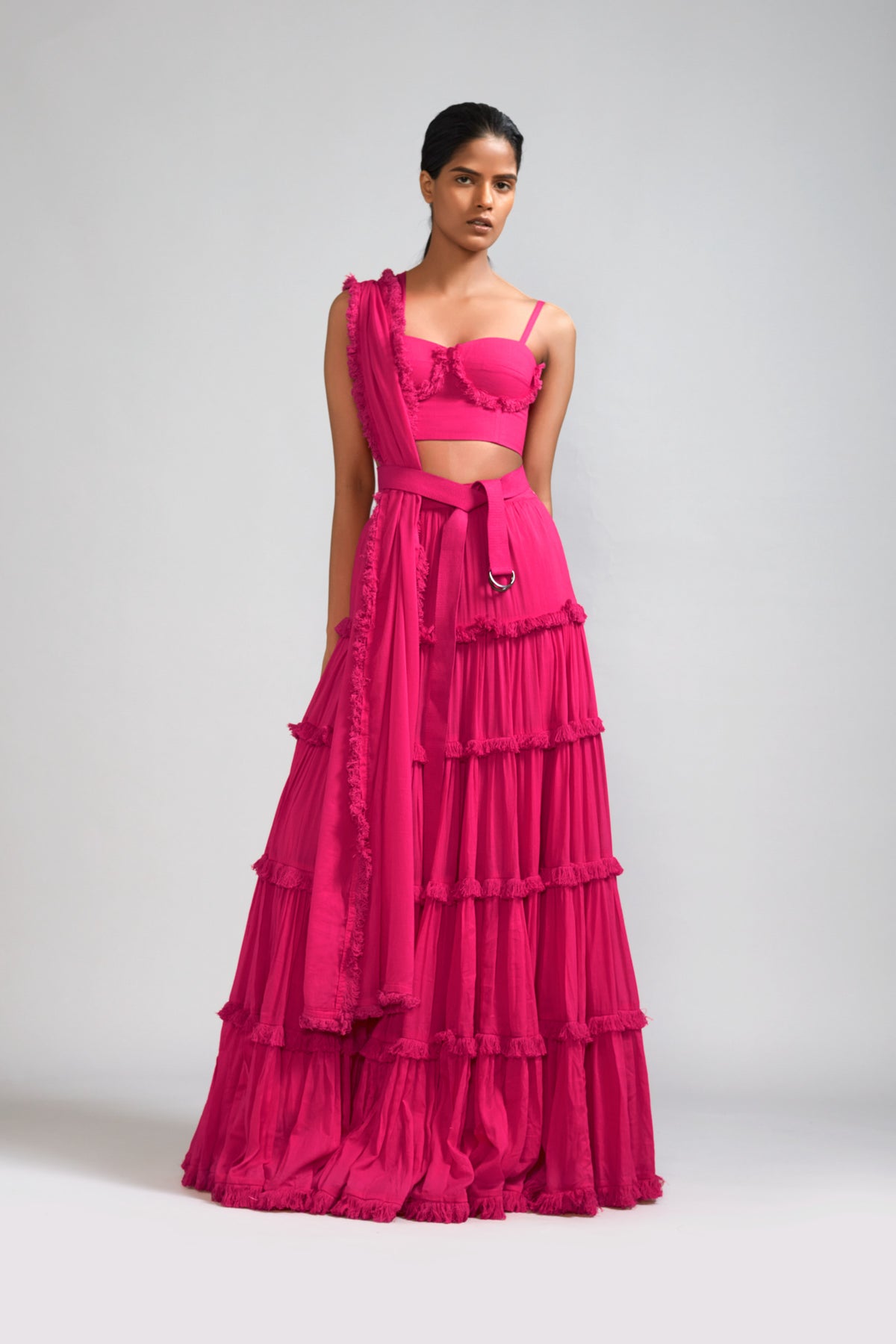 Pink Fringed Tiered Lehenga Set