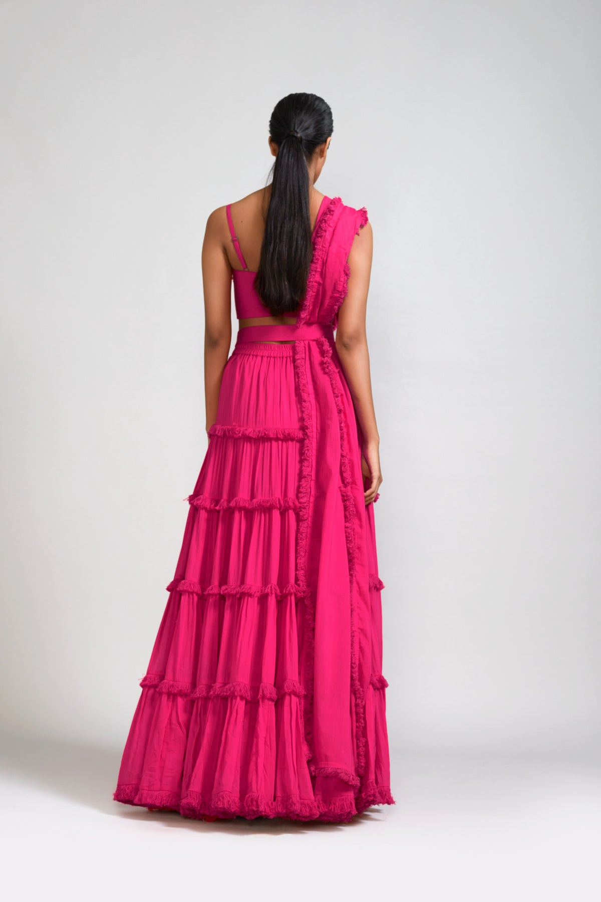 Pink Fringed Tiered Lehenga Set