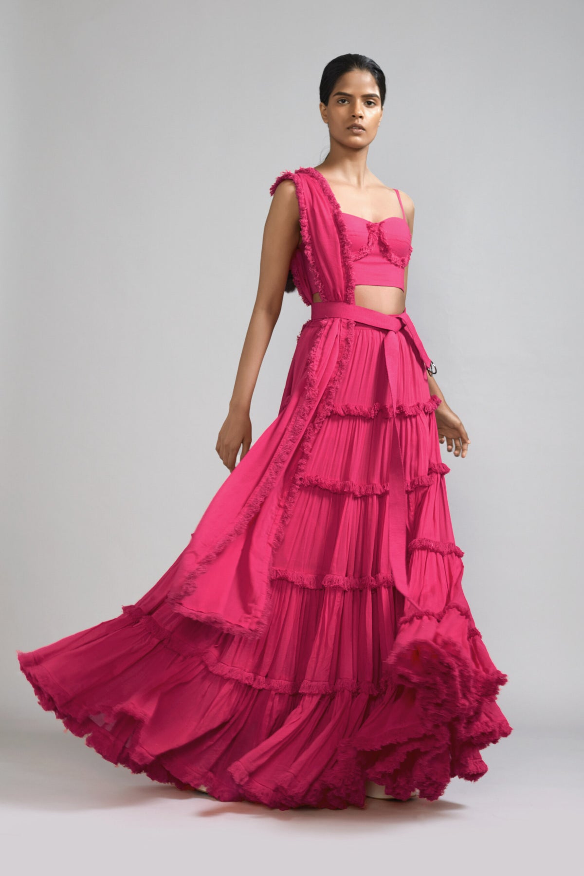 Pink Fringed Tiered Lehenga Set