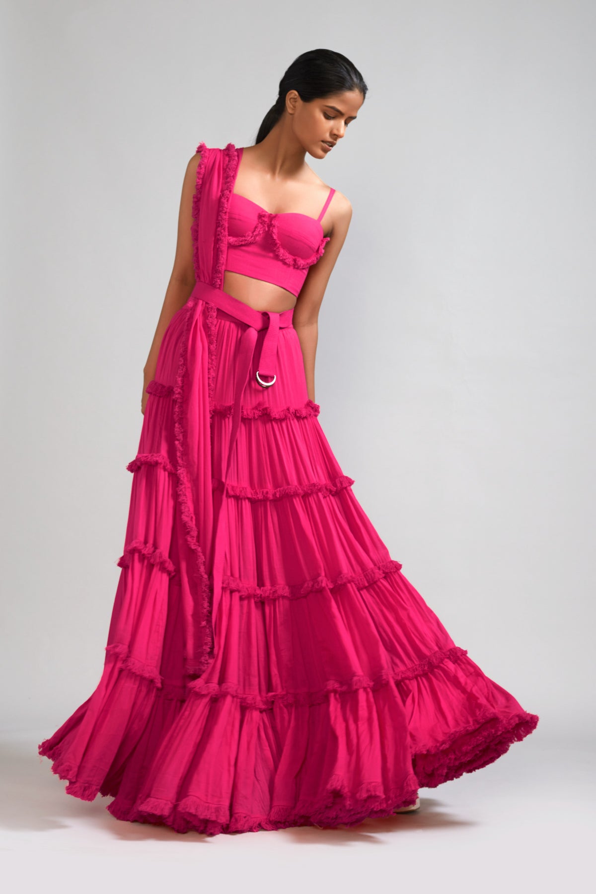 Pink Fringed Tiered Lehenga Set