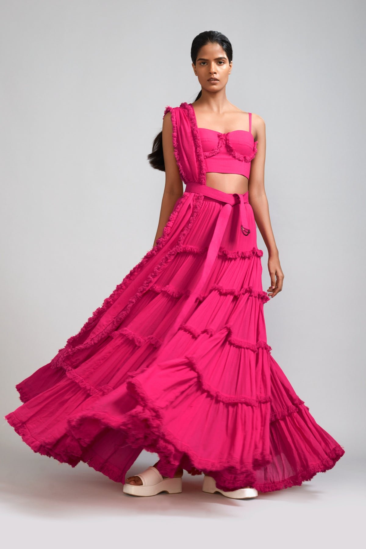 Pink Fringed Tiered Lehenga Set