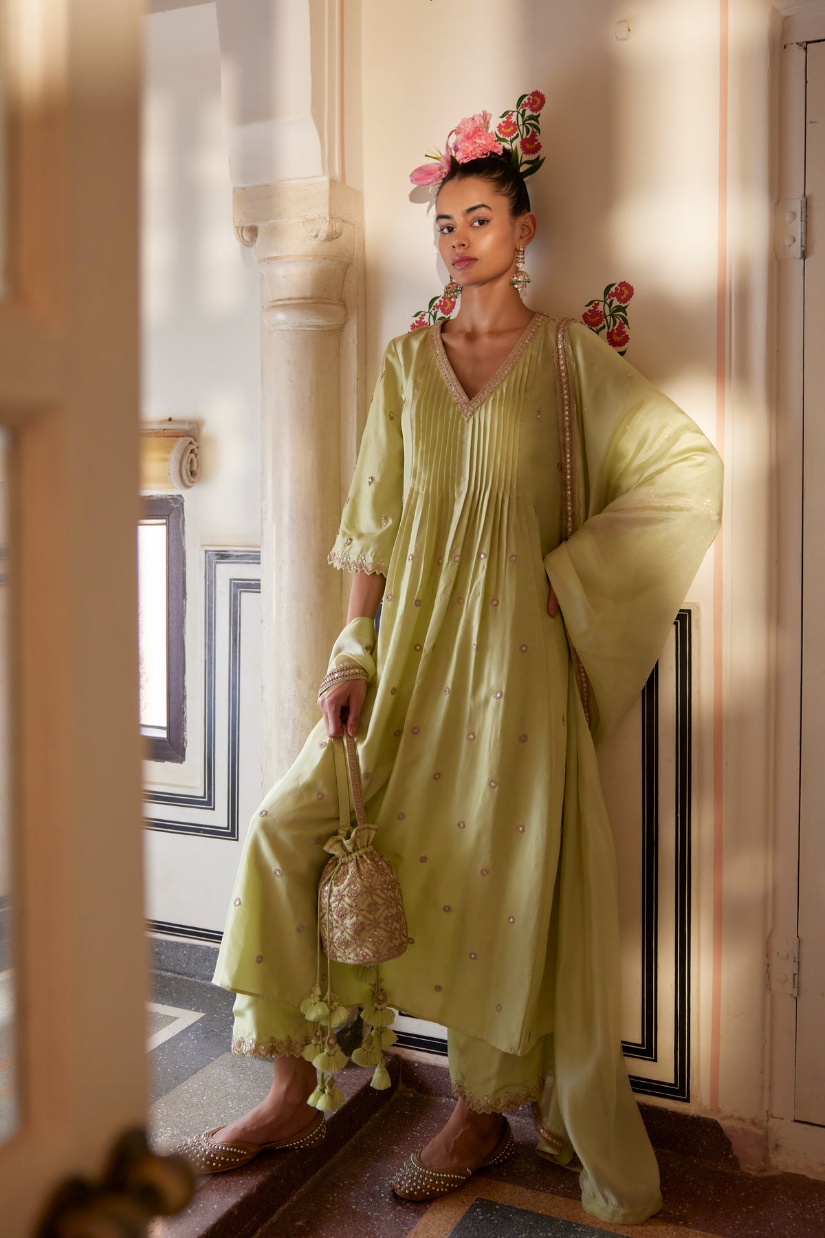 Mint Anarkali Paired With Pants &amp; Dupatta