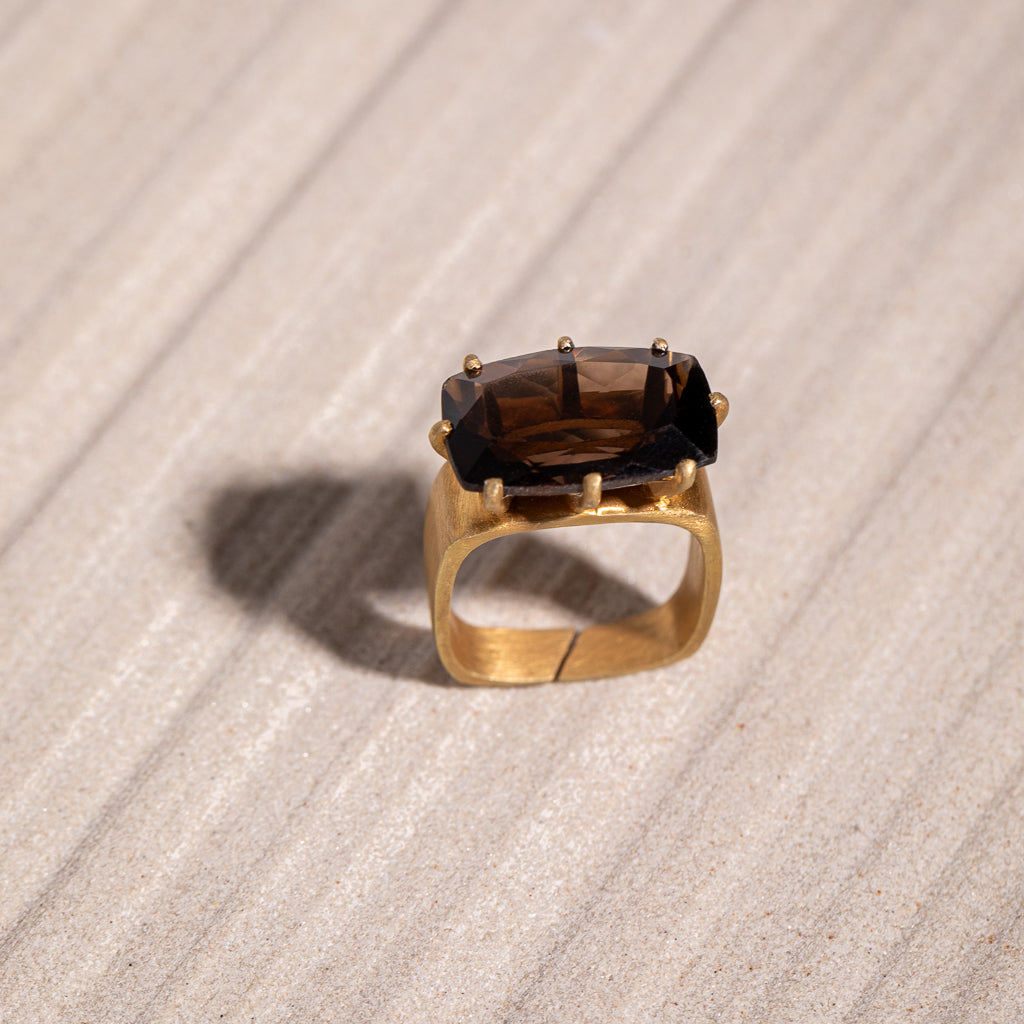 Smoky Quartz Round Geo Ring