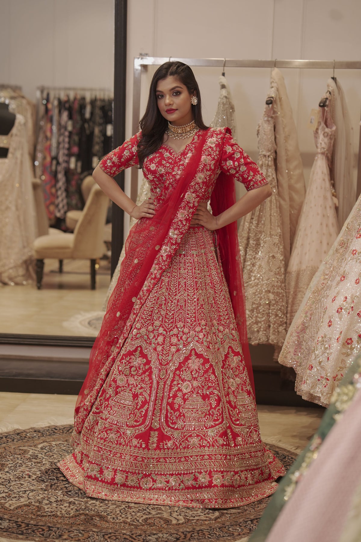 Raw Silk Red Emblished Lehenga