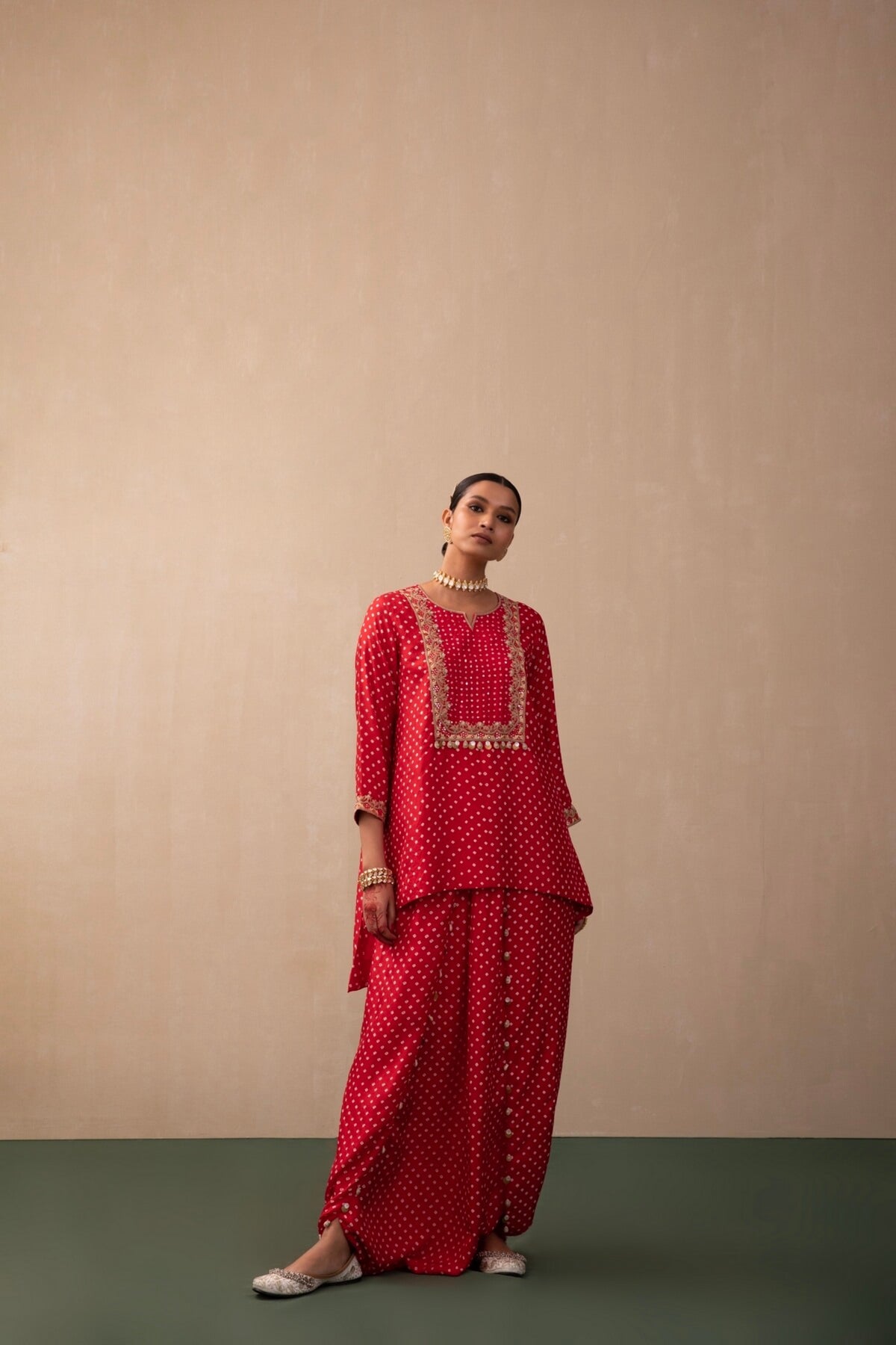 Bandhni Short Kurta With Drape Trouser