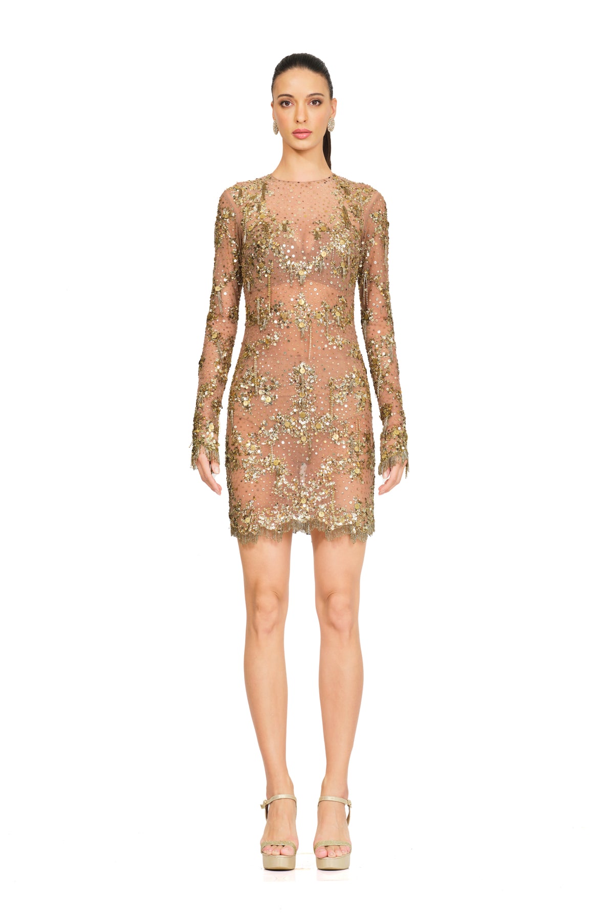 Gold Sheer Dress With Embroidery