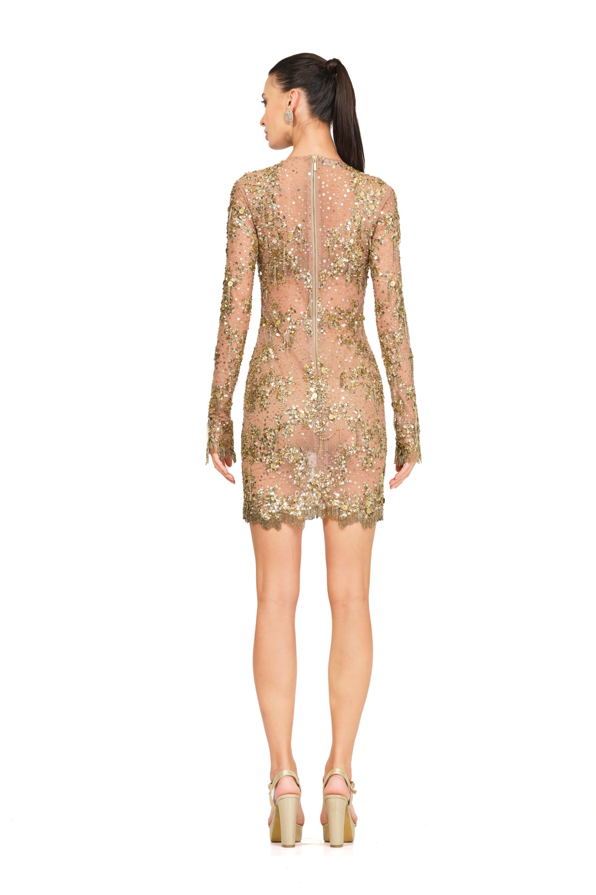 Gold Sheer Dress With Embroidery