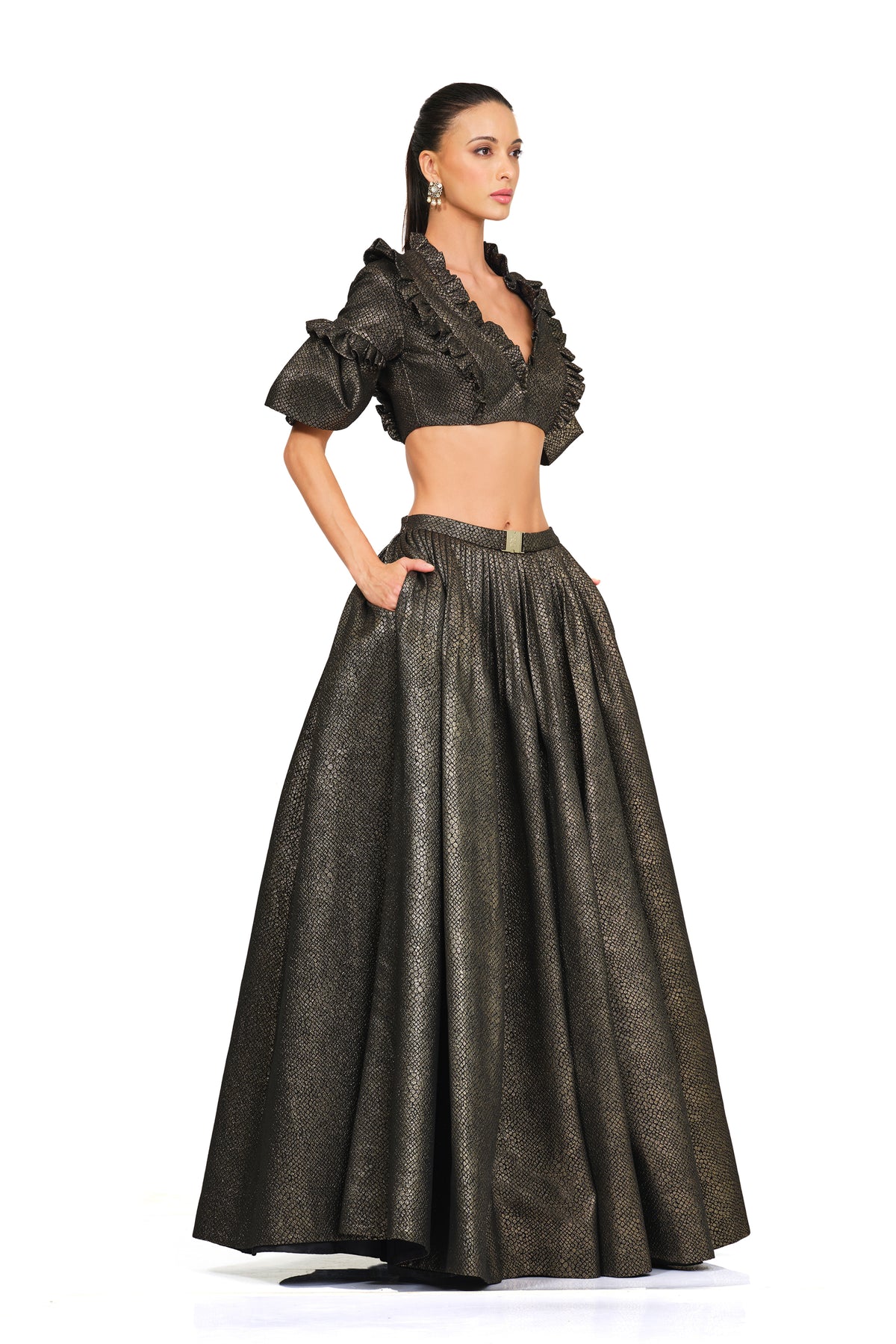 Gold Black Lehenga With Ruffle Blouse