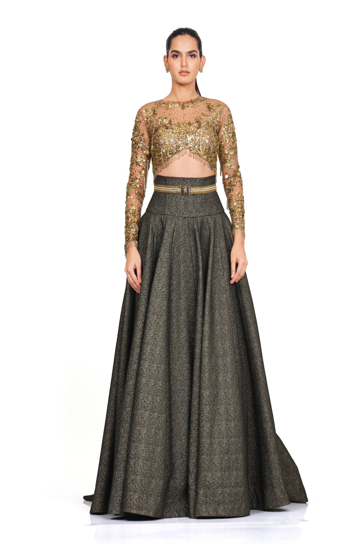 Embroidered Sequin Bustier With High Waisted Lehenga