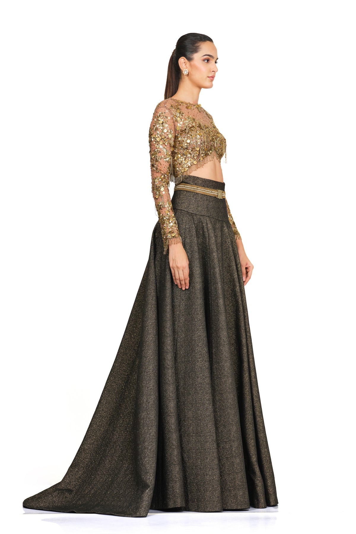 Embroidered Sequin Bustier With High Waisted Lehenga